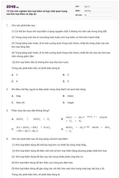 15 Câu trắc nghiệm kim loại kiềm và hợp chất quan trọng của kim loại kiềm có đáp án