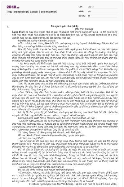 (Ngữ liệu ngoài sgk) Bà ngồi ở góc nhà (trích)