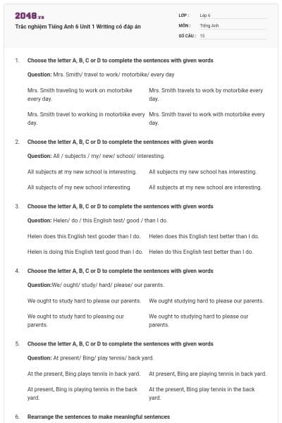 Trắc nghiệm Tiếng Anh 6 Unit 1 Writing có đáp án