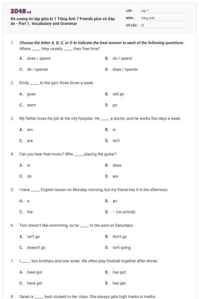 Đề cương ôn tập giữa kì 1 Tiếng Anh 7 Friends plus có đáp án - Part 1. Vocabulary and Grammar