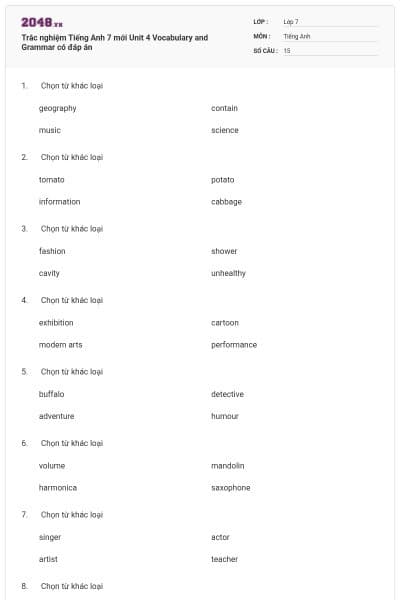 Trắc nghiệm Tiếng Anh 7 mới Unit 4 Vocabulary and Grammar có đáp án