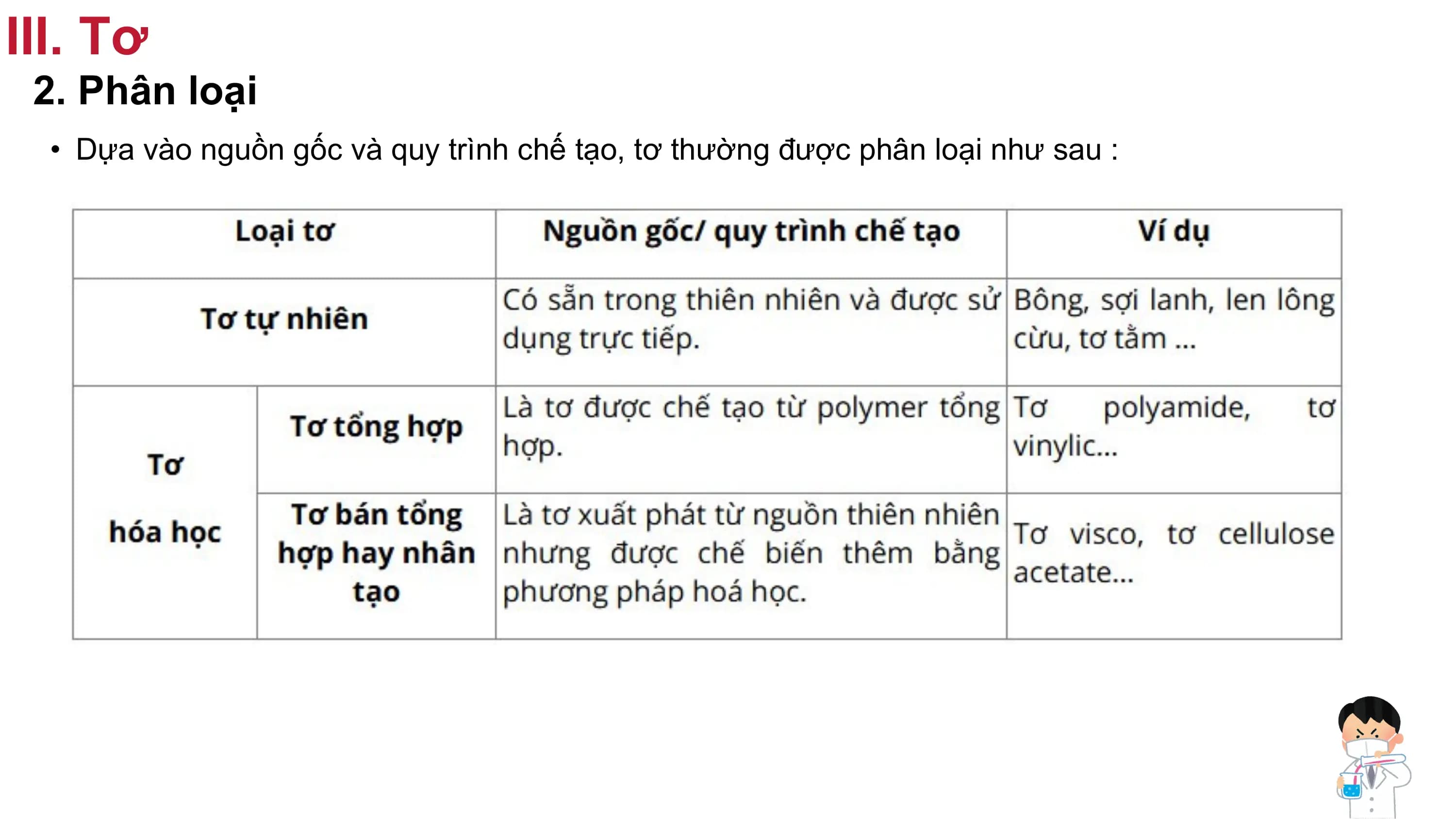 III. Tơ
2. Phân loại
• Dựa vào nguồn gốc và quy trình chế tạo, tơ thường được phân loại như sau :
