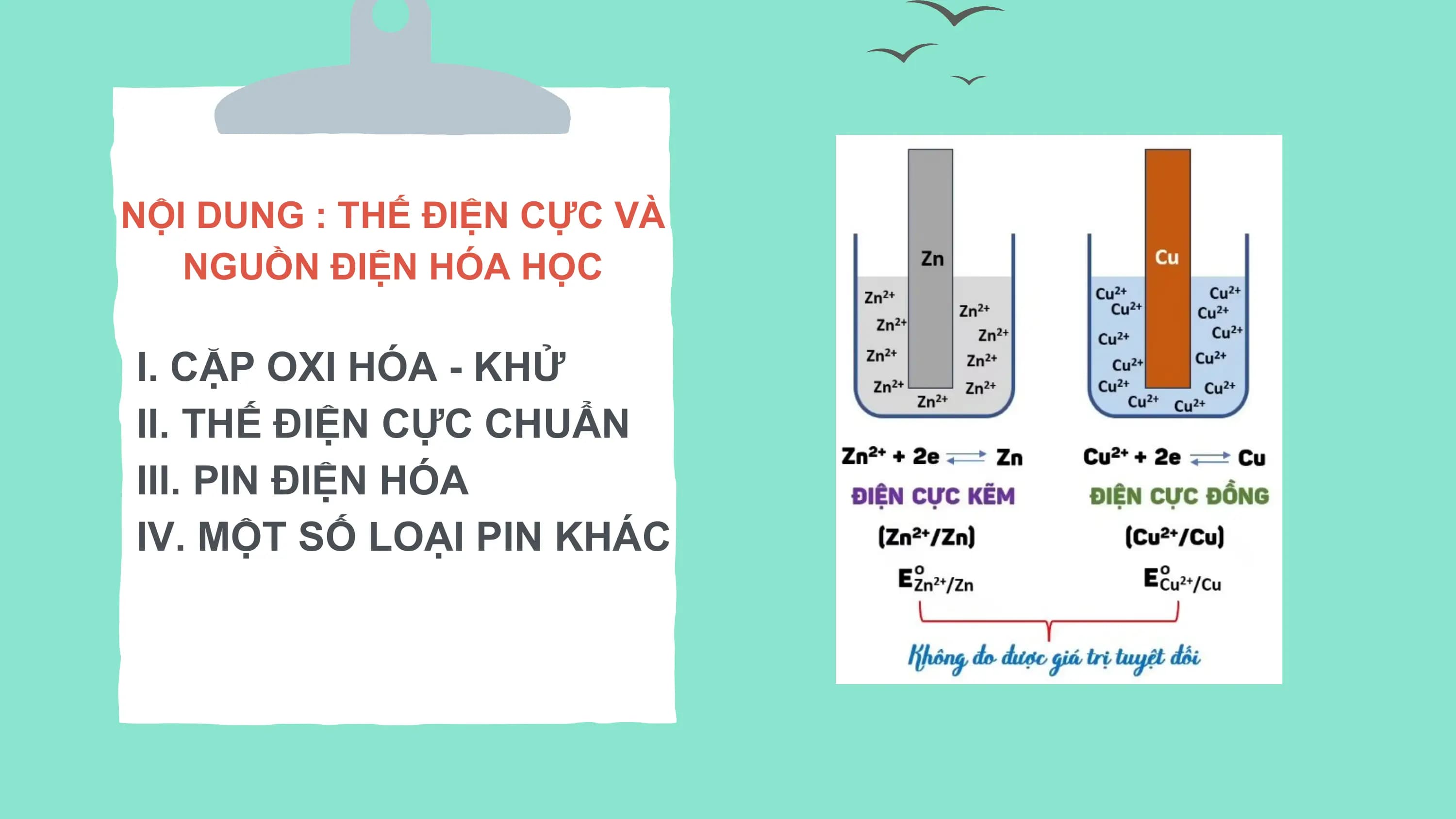 NỘI DUNG : THẾ ĐIỆN CỰC VÀ
NGUỒN ĐIỆN HÓA HỌC
I. CẶP OXI HÓA - KHỬ
II. THẾ ĐIỆN CỰC CHUẨN
III. PIN ĐIỆN HÓA
IV. MỘT SỐ LOẠI PIN KHÁC