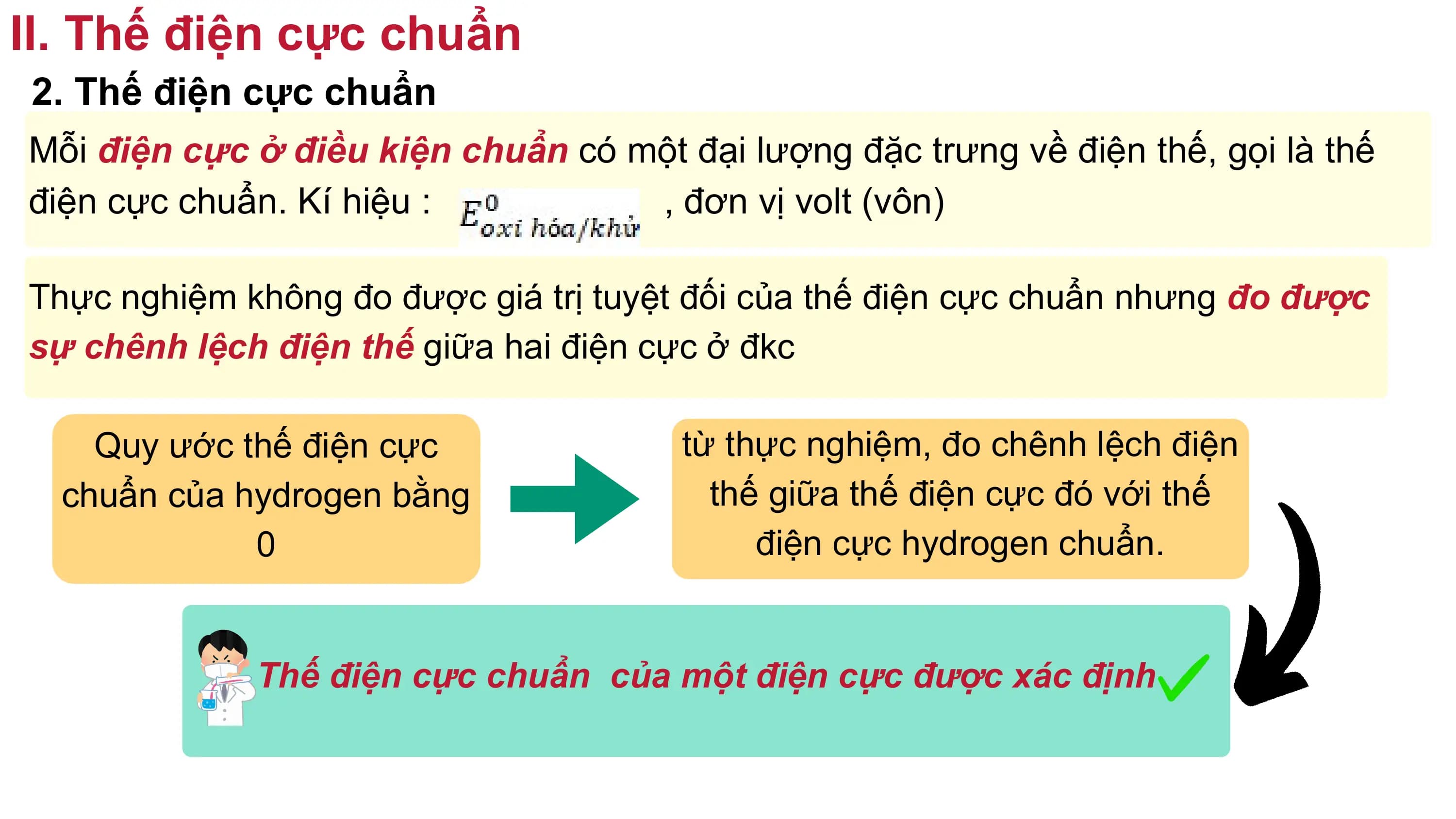II. Thế điện cực chuẩn
2. Thế điện cực chuẩn
Mỗi điện cực ở điều kiện chuẩn có một đại lượng đặc trưng về điện thế, gọi là thế
điện cực chuẩn. Kí hiệu : , đơn vị volt (vôn)
Thực nghiệm không đo được giá trị tuyệt đối của thế điện cực chuẩn nhưng đo được
sự chênh lệch điện thế giữa hai điện cực ở đkc
Quy ước thế điện cực từ thực nghiệm, đo chênh lệch điện
chuẩn của hydrogen bằng thế giữa thế điện cực đó với thế
0 điện cực hydrogen chuẩn.
Thế điện cực chuẩn của một điện cực được xác định