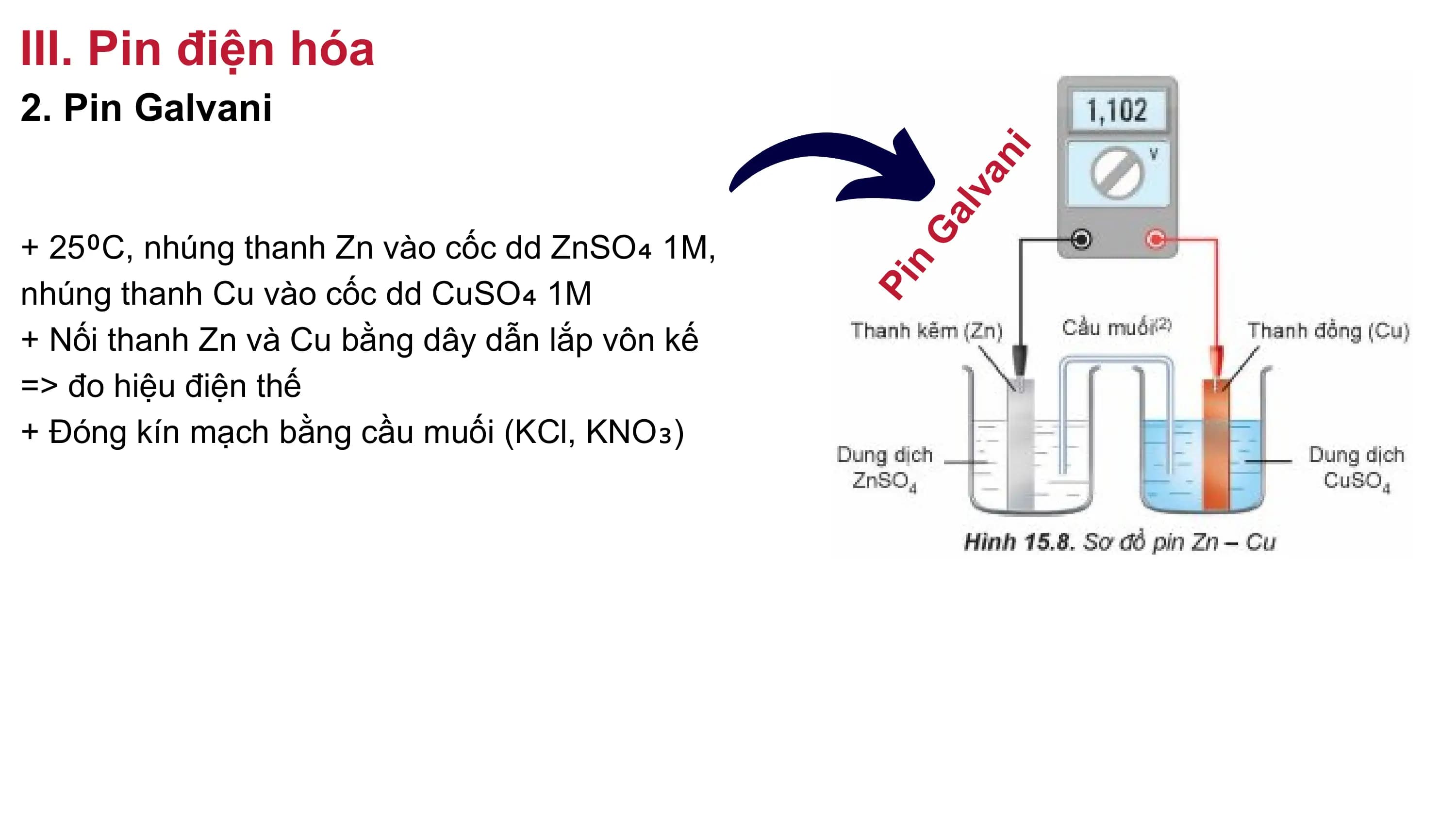 III. Pin điện hóa
2. Pin Galvani
ni
va
al
+ 25⁰C, nhúng thanh Zn vào cốc dd ZnSO₄ 1M,
G
nhúng thanh Cu vào cốc dd CuSO₄ 1M
n
Pi
+ Nối thanh Zn và Cu bằng dây dẫn lắp vôn kế
=> đo hiệu điện thế
+ Đóng kín mạch bằng cầu muối (KCl, KNO₃)