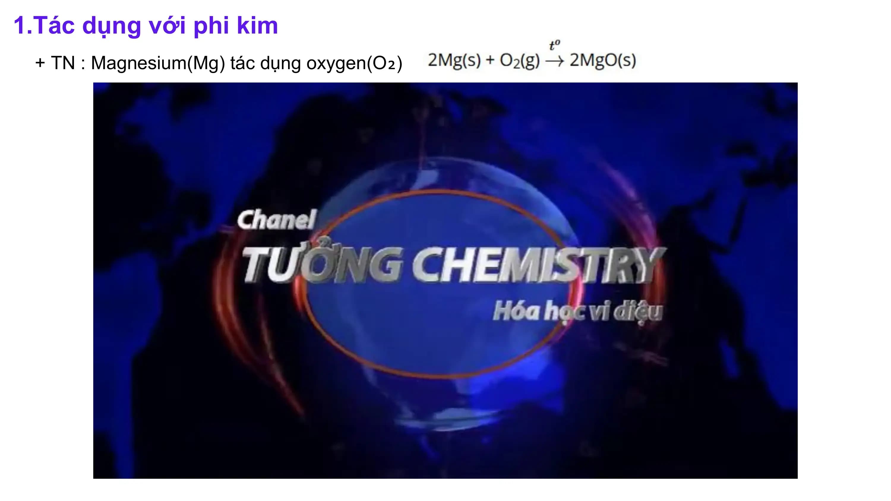 1.Tác dụng với phi kim
+ TN : Magnesium(Mg) tác dụng oxygen(O₂)