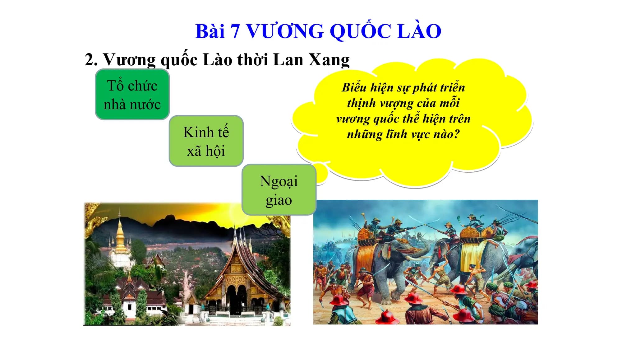 Bài 7 VƯƠNG QUỐC LÀO
2. Vương quốc Lào thời Lan Xang
Tổ chức Biểu hiện sự phát triển
nhà nước thịnh vượng của mỗi
vương quốc thể hiện trên
Kinh tế những lĩnh vực nào?
xã hội
Ngoại
giao