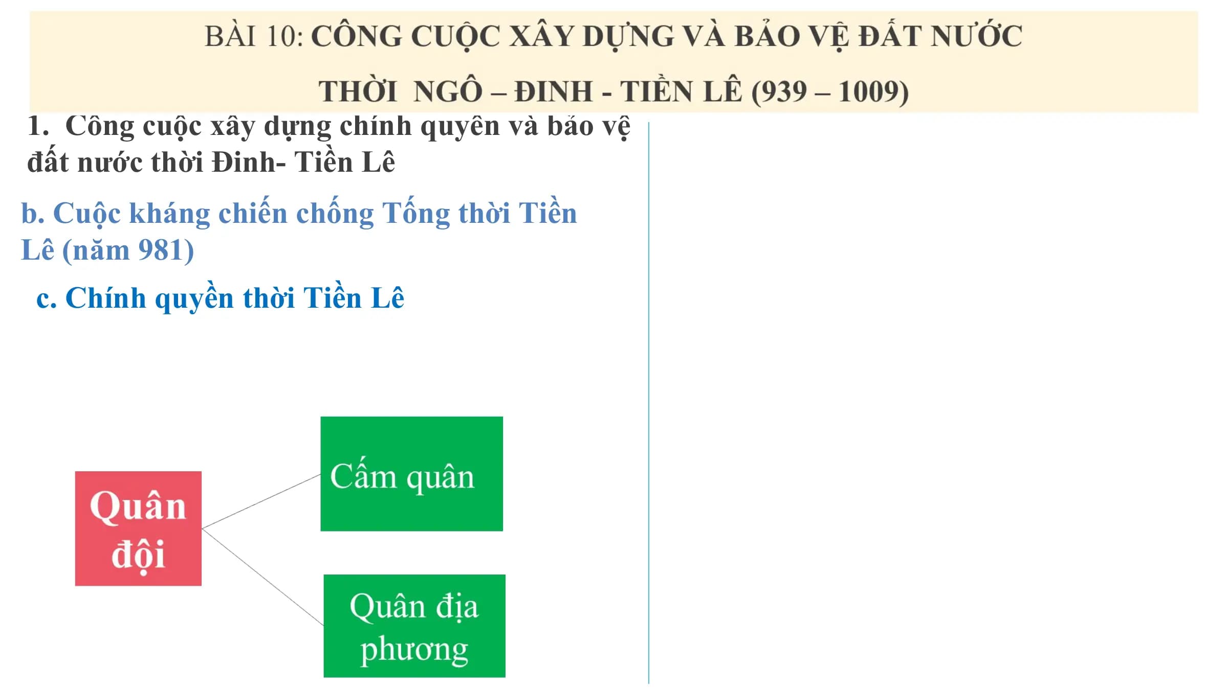 1. Công cuộc xây dựng chính quyền và bảo vệ
đất nước thời Đinh- Tiền Lê
b. Cuộc kháng chiến chống Tống thời Tiền
Lê (năm 981)
c. Chính quyền thời Tiền Lê