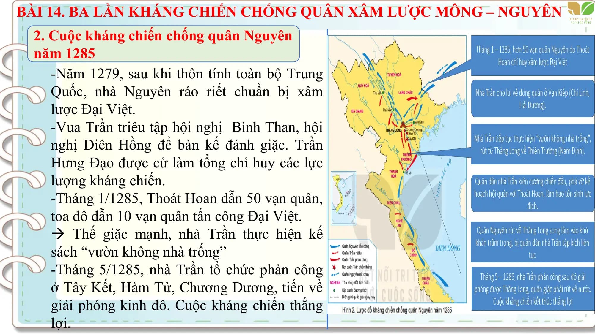 BÀI 14. BA LẦN KHÁNG CHIẾN CHỐNG QUÂN XÂM LƯỢC MÔNG – NGUYÊN
2. Cuộc kháng chiến chống quân Nguyên
năm 1285
-Năm 1279, sau khi thôn tính toàn bộ Trung
Quốc, nhà Nguyên ráo riết chuẩn bị xâm
lược Đại Việt.
-Vua Trần triêu tập hội nghị Bình Than, hội
nghị Diên Hồng để bàn kế đánh giặc. Trần
Hưng Đạo được cử làm tổng chỉ huy các lực
lượng kháng chiến.
-Tháng 1/1285, Thoát Hoan dẫn 50 vạn quân,
toa đô dẫn 10 vạn quân tấn công Đại Việt.
Thế giặc mạnh, nhà Trần thực hiện kế
sách “vườn không nhà trống”
-Tháng 5/1285, nhà Trần tổ chức phản công
ở Tây Kết, Hàm Tử, Chương Dương, tiến về
giải phóng kinh đô. Cuộc kháng chiến thắng
lợi.