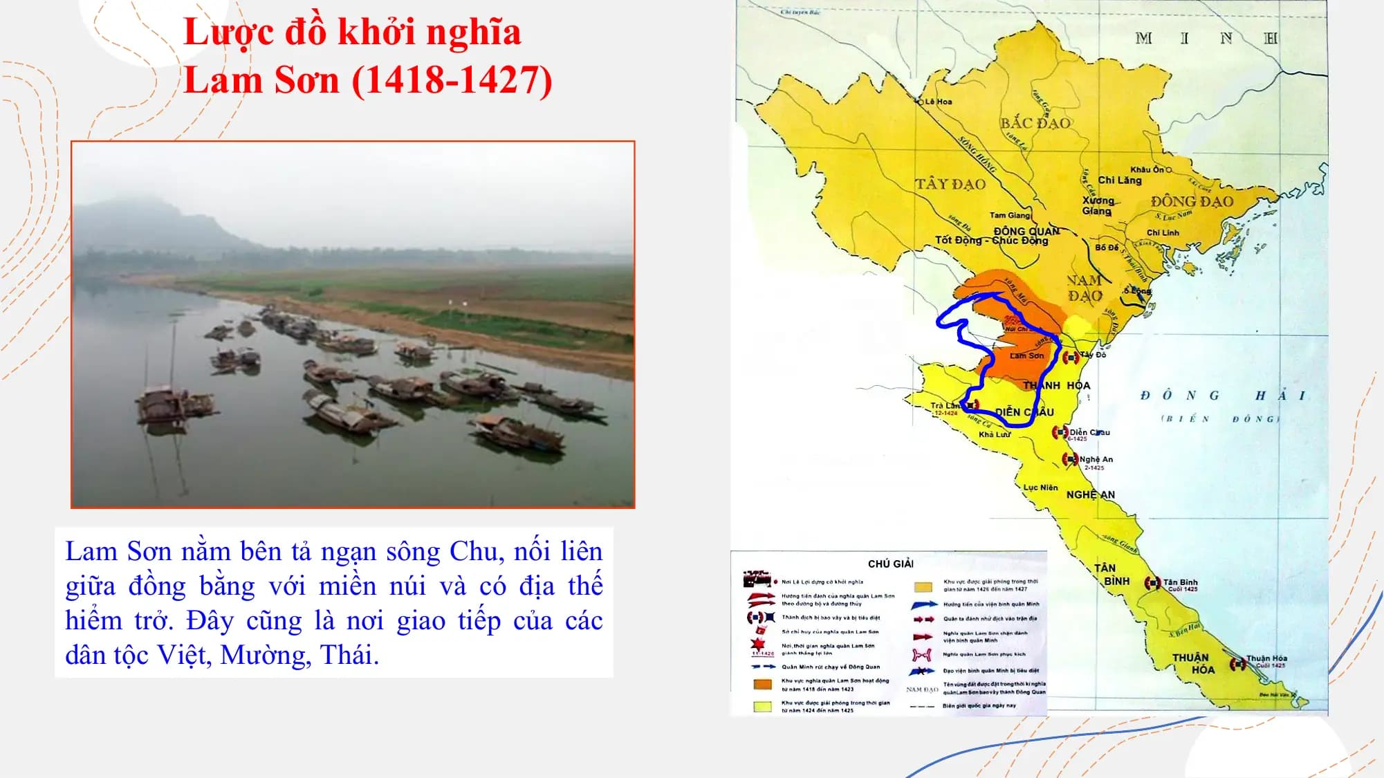 Lược đồ khởi nghĩa
Lam Sơn (1418-1427)
Tại sao Lê Lợi lại
chọn Lam Sơn làm
căn cứ?
Lam Sơn nằm bên tả ngạn sông Chu, nối liên
giữa đồng bằng với miền núi và có địa thế
hiểm trở. Đây cũng là nơi giao tiếp của các
dân tộc Việt, Mường, Thái.