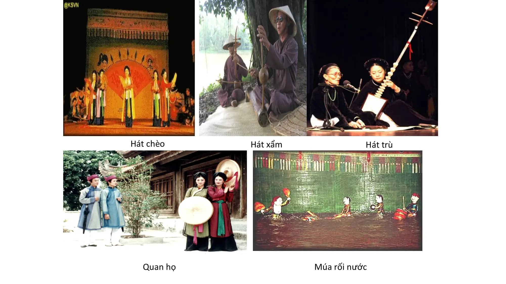 Hát chèo Hát xẩm Hát trù
Quan họ Múa rối nước