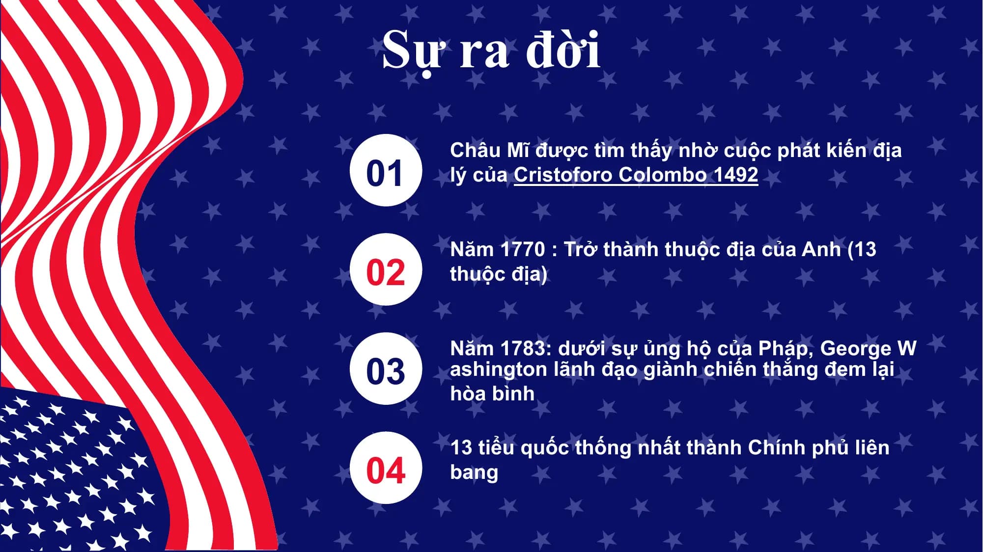 Sự ra đời
Châu Mĩ được tìm thấy nhờ cuộc phát kiến địa
01 lý của Cristoforo Colombo 1492
Năm 1770 : Trở thành thuộc địa của Anh (13
02 thuộc địa)
Năm 1783: dưới sự ủng hộ của Pháp, George W
03 ashington lãnh đạo giành chiến thắng đem lại
hòa bình
13 tiểu quốc thống nhất thành Chính phủ liên
04 bang