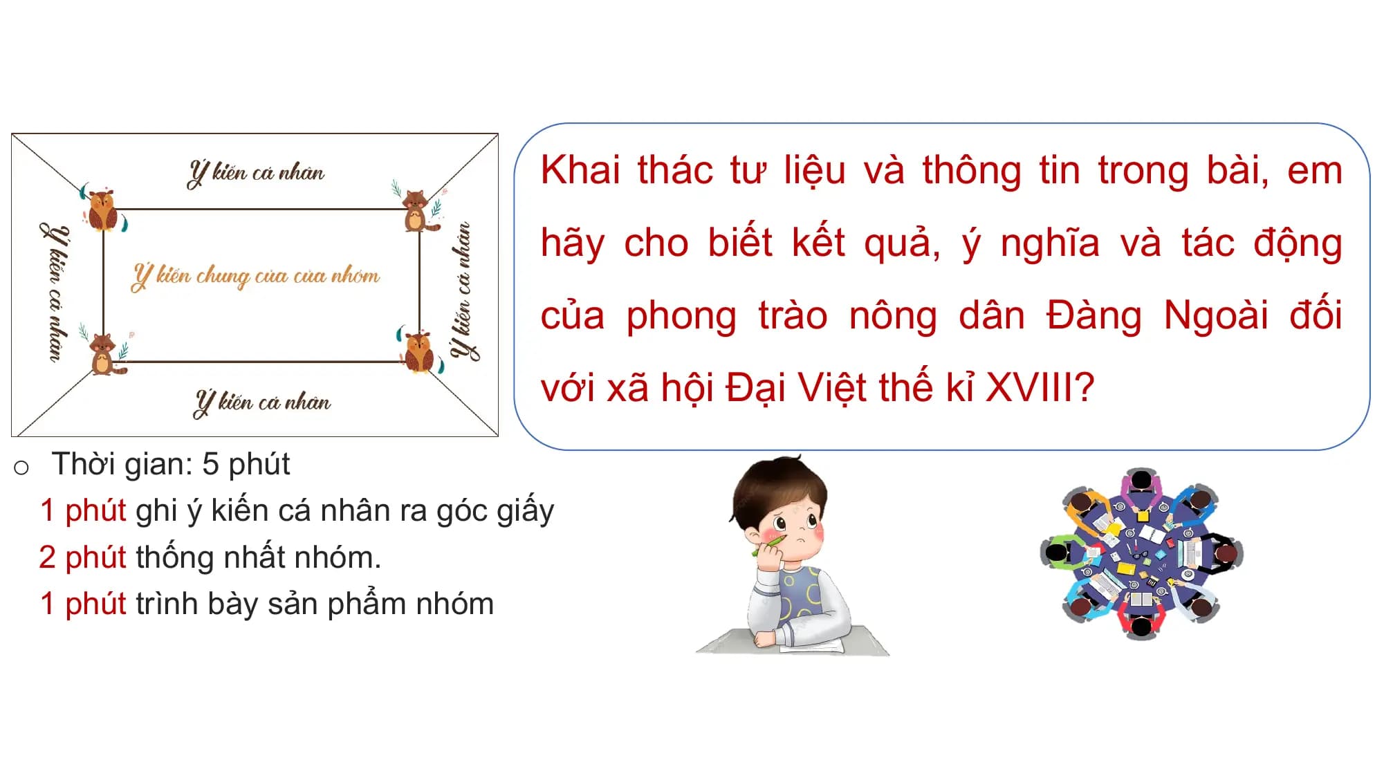 Khai thác tư liệu và thông tin trong bài, em
hãy cho biết kết quả, ý nghĩa và tác động
của phong trào nông dân Đàng Ngoài đối
với xã hội Đại Việt thế kỉ XVIII?
o Thời gian: 5 phút
1 phút ghi ý kiến cá nhân ra góc giấy
2 phút thống nhất nhóm.
1 phút trình bày sản phẩm nhóm