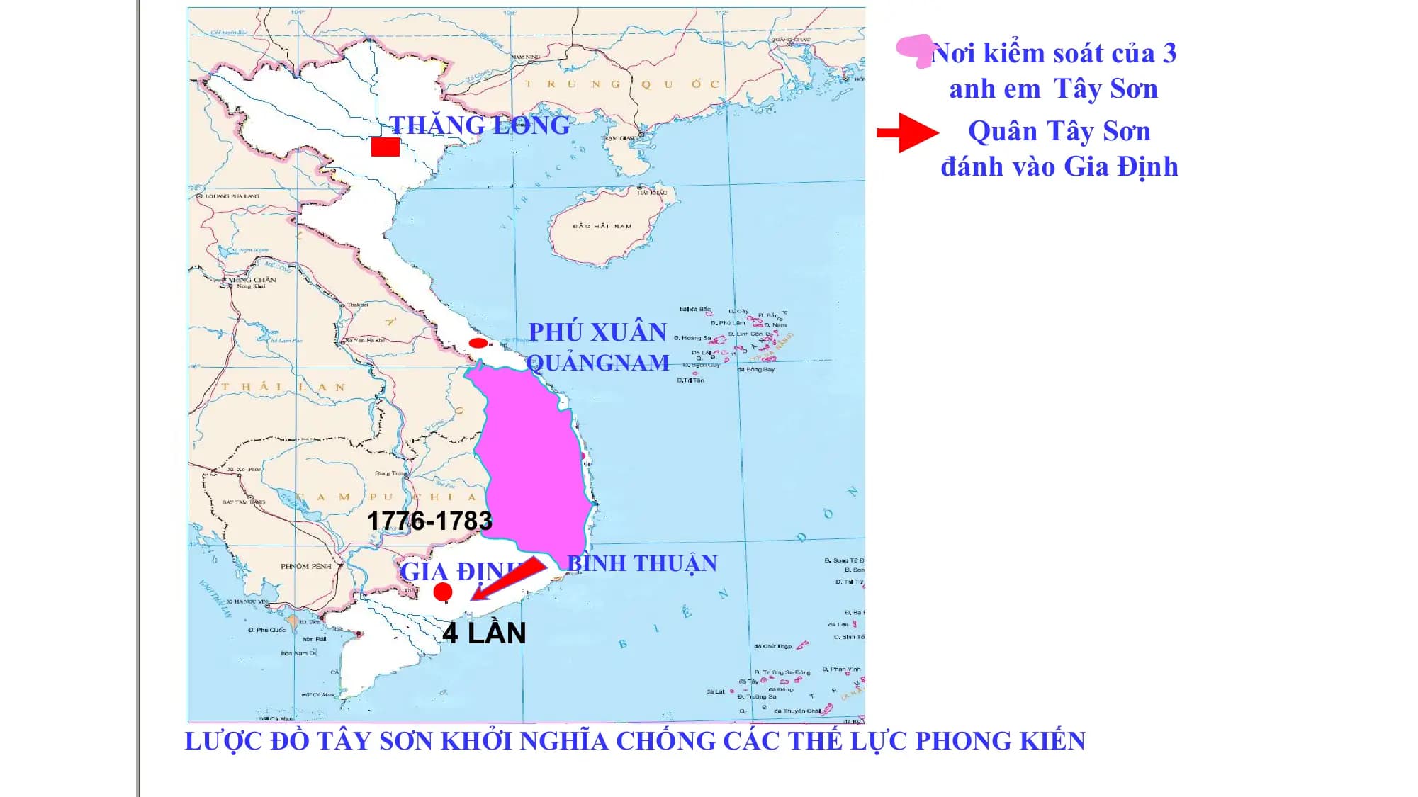 Nơi kiểm soát của 3
anh em Tây Sơn
THĂNG LONG Quân Tây Sơn
đánh vào Gia Định
PHÚ XUÂN
QUẢNGNAM
QUY NHƠN
1776-1783
GIA ĐỊNH BÌNH THUẬN
4 LẦN
LƯỢC ĐỒ TÂY SƠN KHỞI NGHĨA CHỐNG CÁC THẾ LỰC PHONG KIẾN