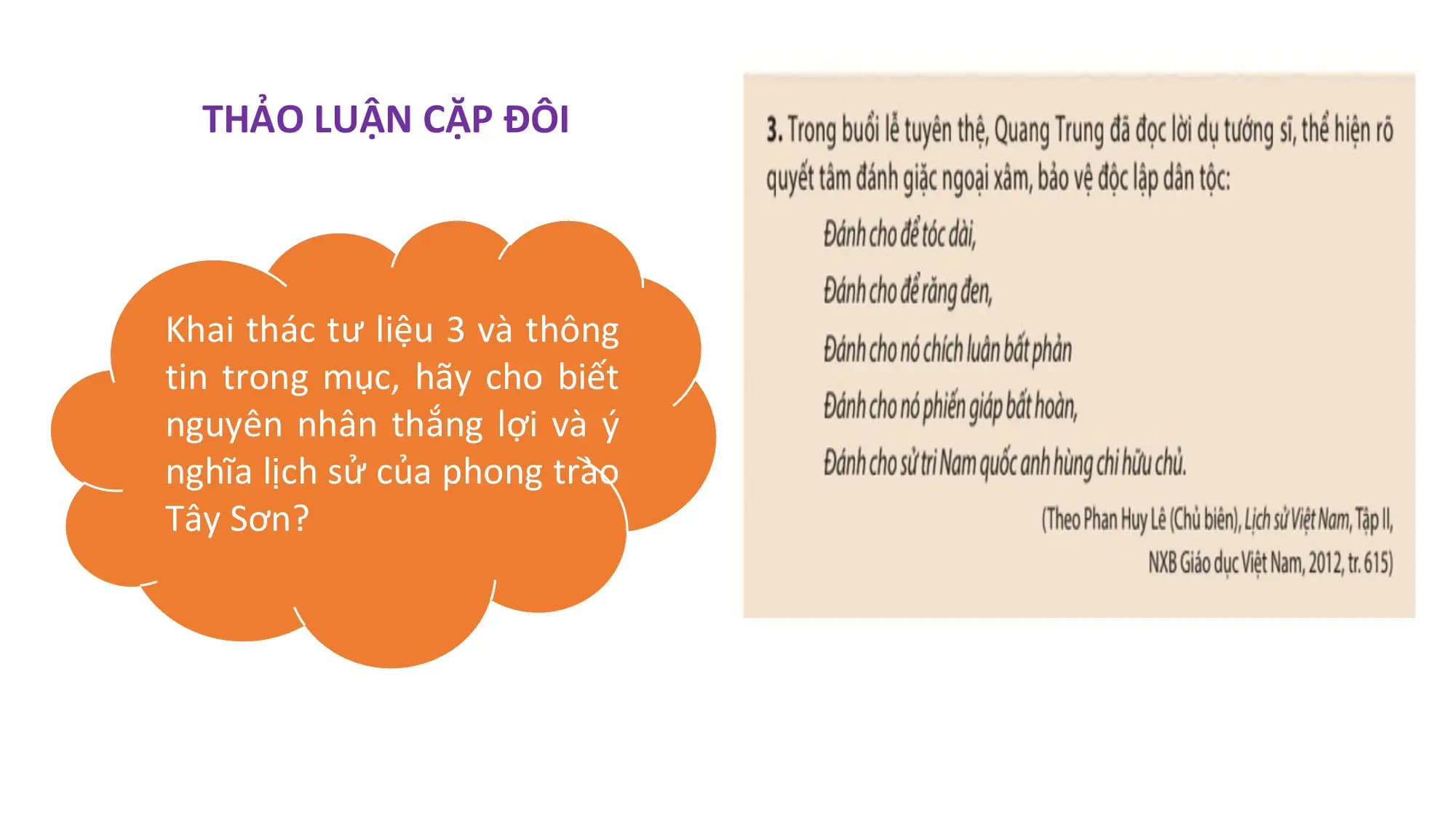 THẢO LUẬN CẶP ĐÔI
Khai thác tư liệu 3 và thông
tin trong mục, hãy cho biết
nguyên nhân thắng lợi và ý
nghĩa lịch sử của phong trào
Tây Sơn?