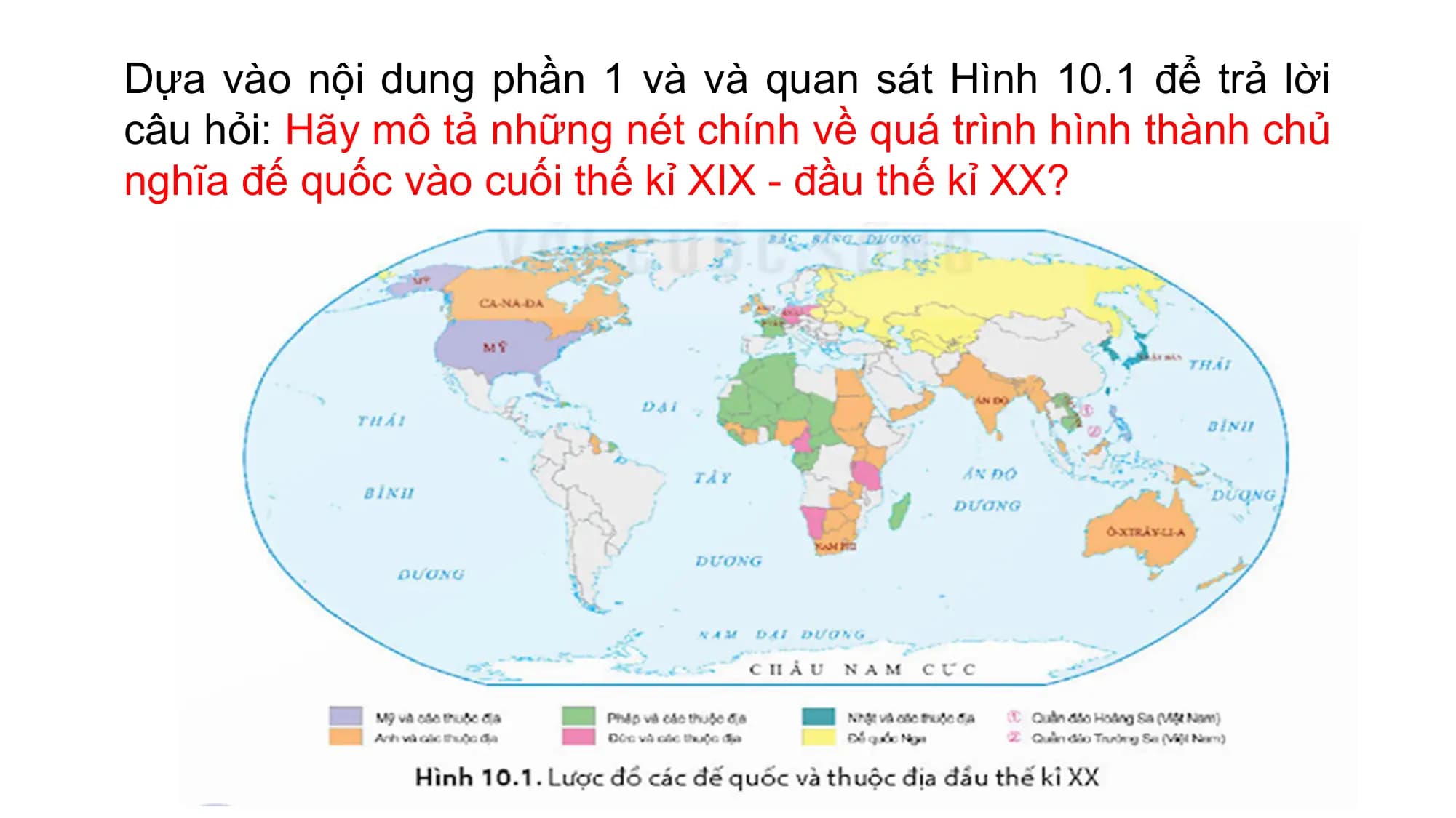 Dựa vào nội dung phần 1 và và quan sát Hình 10.1 để trả lời
câu hỏi: Hãy mô tả những nét chính về quá trình hình thành chủ
nghĩa đế quốc vào cuối thế kỉ XIX - đầu thế kỉ XX?