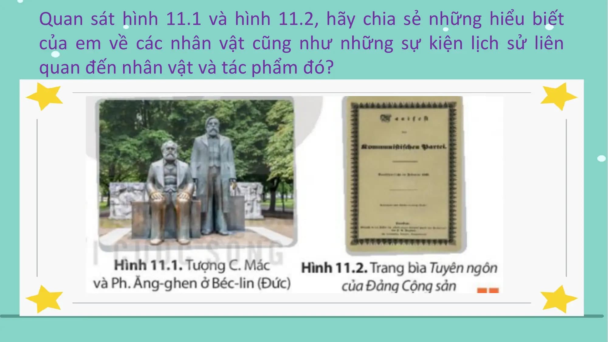 Quan sát hình 11.1 và hình 11.2, hãy chia sẻ những hiểu biết
của em về các nhân vật cũng như những sự kiện lịch sử liên
quan đến nhân vật và tác phẩm đó?