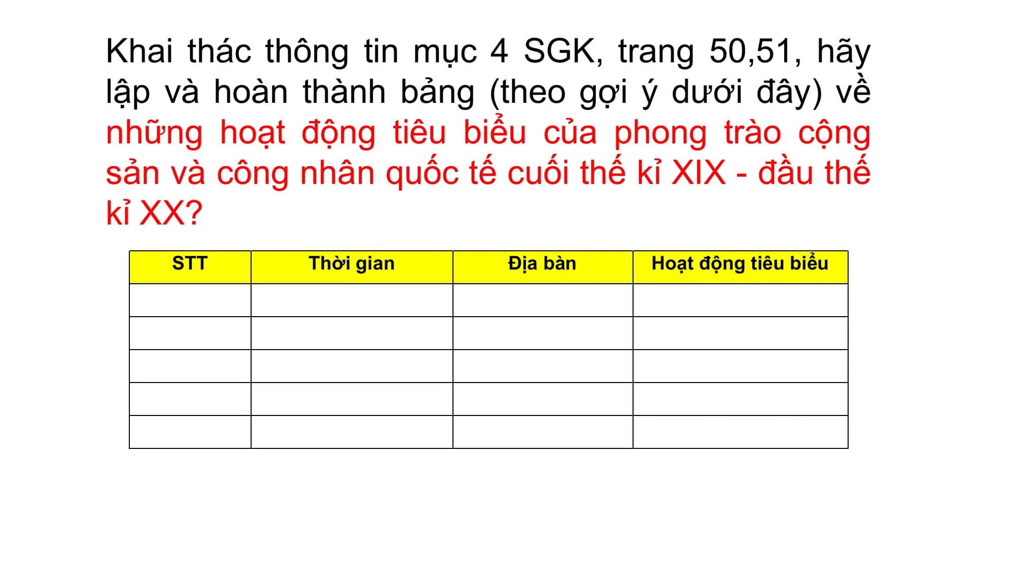 Khai thác thông tin mục 4 SGK, trang 50,51, hãy
lập và hoàn thành bảng (theo gợi ý dưới đây) về
những hoạt động tiêu biểu của phong trào cộng
sản và công nhân quốc tế cuối thế kỉ XIX - đầu thế
kỉ XX?
STT Thời gian Địa bàn Hoạt động tiêu biểu