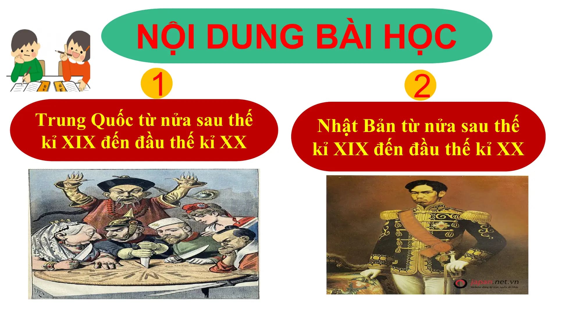 NỘI DUNG BÀI HỌC
1 2
Trung Quốc từ nửa sau thế Nhật Bản từ nửa sau thế
kỉ XIX đến đầu thế kỉ XX kỉ XIX đến đầu thế kỉ XX