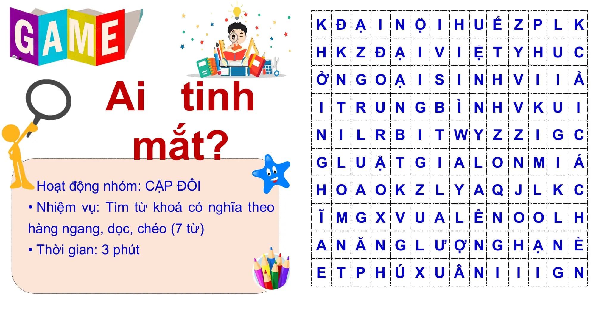 K Đ Ạ I N Ộ I H U Ế Z P L K
H K Z Đ Ạ I V I Ệ T Y H U C
Ai tinh
Ở N G O Ạ I S I N H V I I Ả
I T R U N G B Ì N H V K U I
mắt? N I L R B I T WY Z Z I G C
G L U Ậ T G I A L O N M I Á
• Hoạt động nhóm: CẶP ĐÔI H O A O K Z L Y A Q J L K C
• Nhiệm vụ: Tìm từ khoá có nghĩa theo
Ĩ M G X V U A L Ê N O O L H
hàng ngang, dọc, chéo (7 từ)
• Thời gian: 3 phút A N Ă N G L Ư Ợ N G H Ạ N Ề
E T P H Ú X U Â N I I I G N