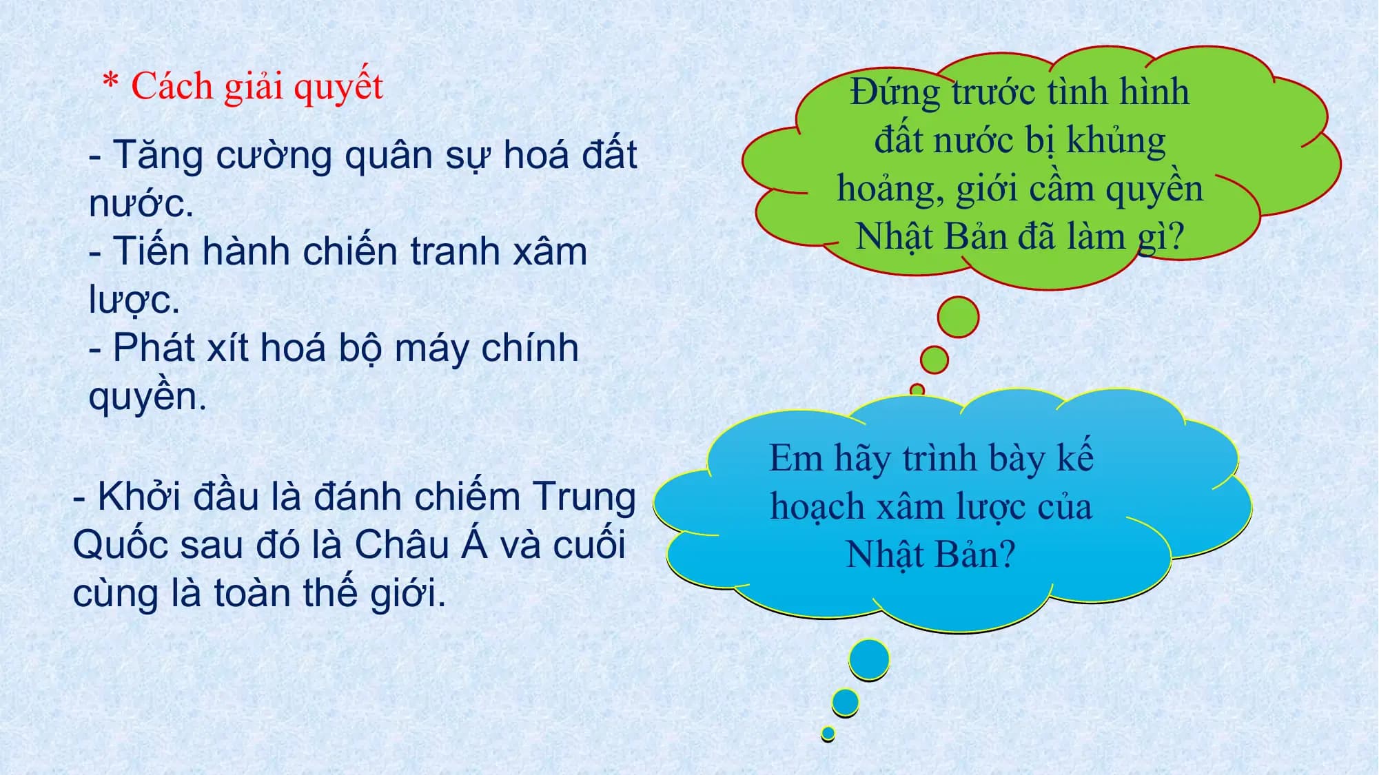 * Cách giải quyết Đứng trước tình hình
- Tăng cường quân sự hoá đất đất nước bị khủng
nước. hoảng, giới cầm quyền
- Tiến hành chiến tranh xâm Nhật Bản đã làm gì?
lược.
- Phát xít hoá bộ máy chính
quyền.
Em hãy trình bày kế
- Khởi đầu là đánh chiếm Trung hoạch xâm lược của
Quốc sau đó là Châu Á và cuối Nhật Bản?
cùng là toàn thế giới.