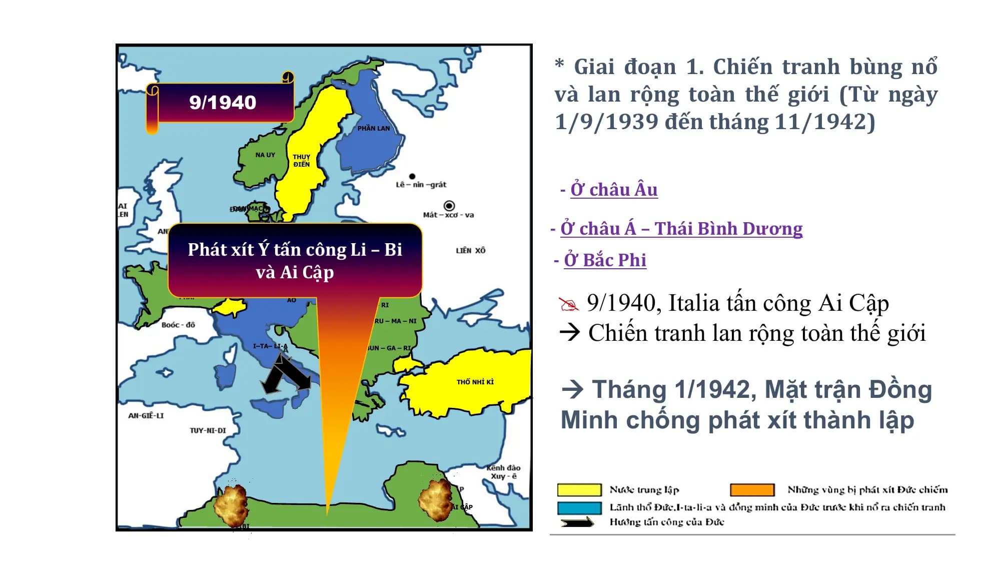 * Giai đoạn 1. Chiến tranh bùng nổ
9/1940 và lan rộng toàn thế giới (Từ ngày
PHẦN LAN 1/9/1939 đến tháng 11/1942)
NA UY THUỴ
ĐIỂN
- Ở châu Âu
ĐAN MẠCH
- Ở châu Á – Thái Bình Dương
Phát xít Ý tấn công Li – Bi
- Ở Bắc Phi
Beclin
và Ai Cập TIỆP KHẮC
Vác – sa - va
9/1940, Italia tấn công Ai Cập
BA LAN
Muynich
PHÁP
ÁO
HUN – GA - RI
Chiến tranh lan rộng toàn thế giới
RU – MA – NI
I–TA– LI-A NAM TƯ
BUN – GA – RI
Tháng 1/1942, Mặt trận Đồng
THỔ NHỈ KÌ
Minh chống phát xít thành lập
AI CẬP
LIBI