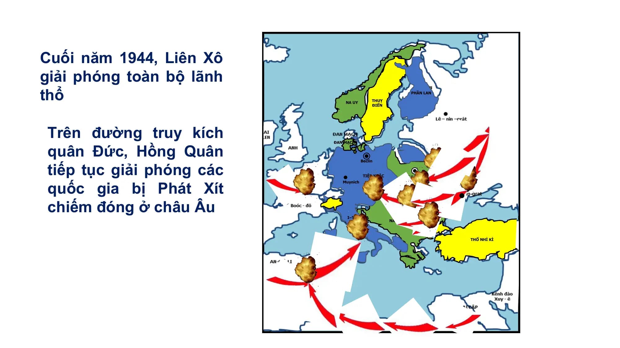 Cuối năm 1944, Liên Xô
giải phóng toàn bộ lãnh
thổ NA UY
THUỴ
ĐIỂN
PHẦN LAN
Trên đường truy kích
quân Đức, Hồng Quân
ĐAN MẠCH
tiếp tục giải phóng các
Beclin
quốc gia bị Phát Xít
TIỆP KHẮC Vác – sa - va
Muynich BA LAN
ÁO
Xta-lin-grat
chiếm đóng ở châu Âu
HUN – GA - RI
RU – MA – NI
I–TA– LI-A
NAM TƯ
BUN – GA – RI
THỔ NHỈ KÌ