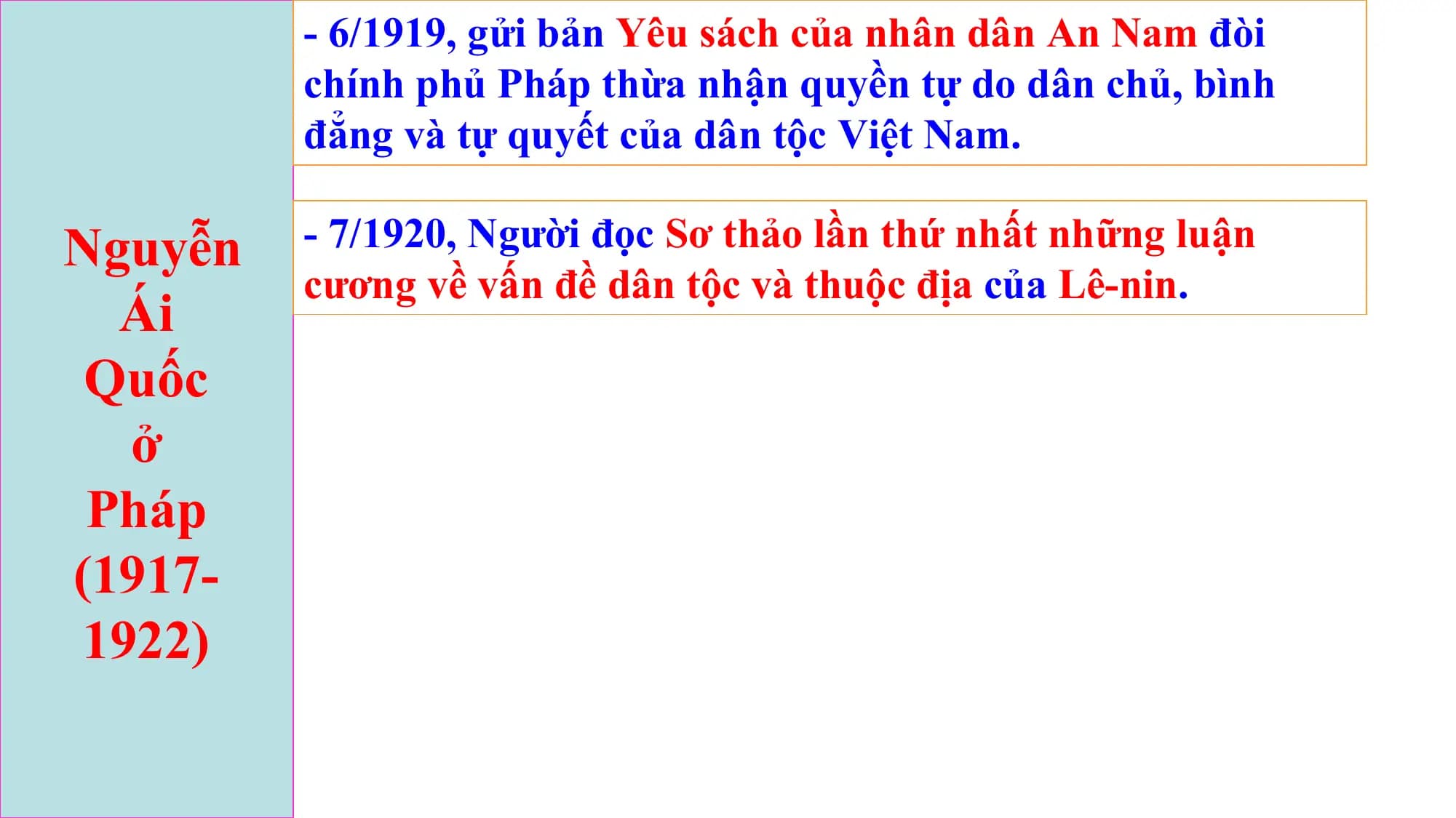 - 6/1919, gửi bản Yêu sách của nhân dân An Nam đòi
chính phủ Pháp thừa nhận quyền tự do dân chủ, bình
đẳng và tự quyết của dân tộc Việt Nam.
Nguyễn - 7/1920, Người đọc Sơ thảo lần thứ nhất những luận
cương về vấn đề dân tộc và thuộc địa của Lê-nin.
Ái
Quốc
ở
Pháp
(1917-
1922)