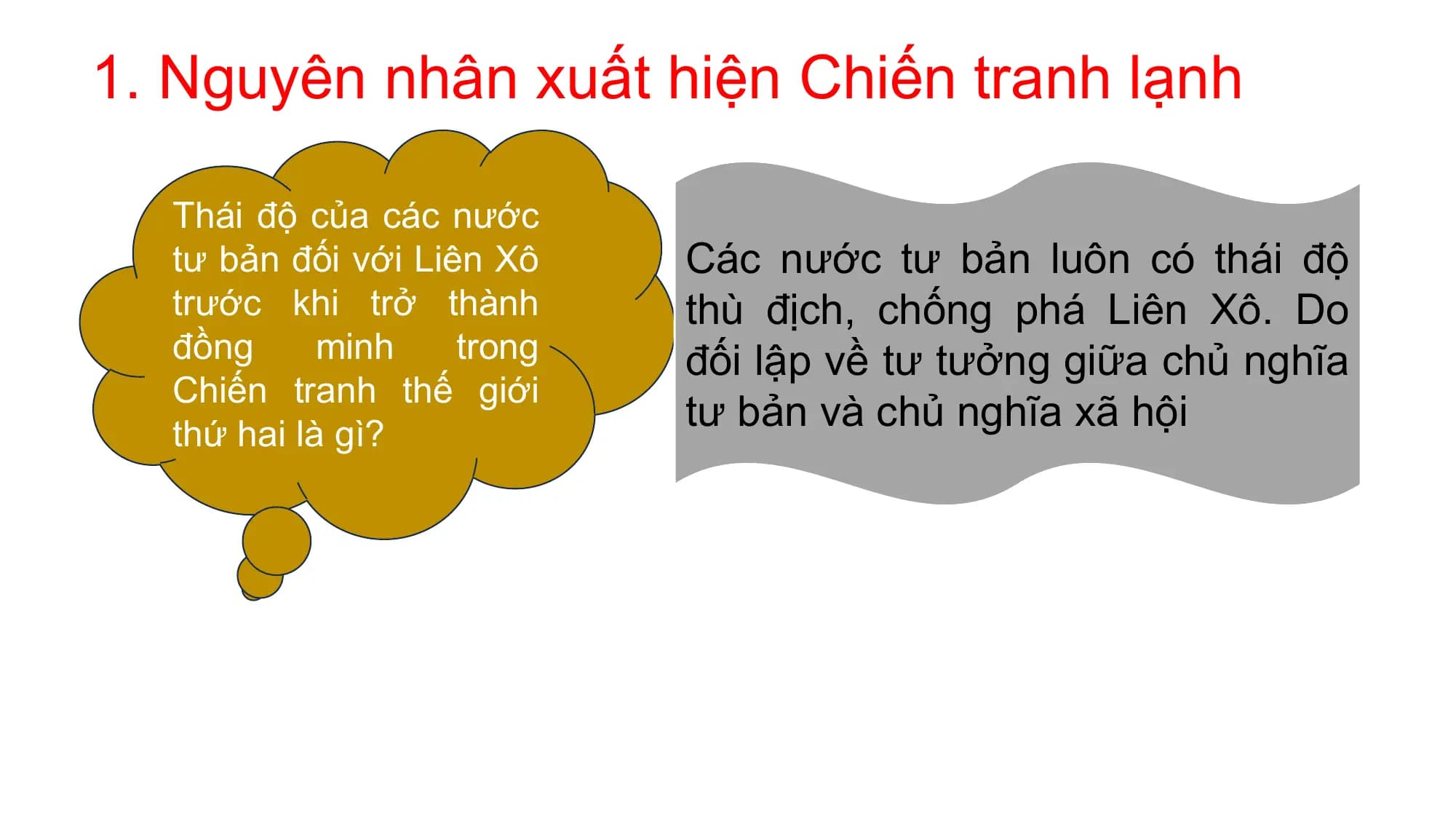 1. Nguyên nhân xuất hiện Chiến tranh lạnh
Thái độ của các nước
tư bản đối với Liên Xô Các nước tư bản luôn có thái độ
trước khi trở thành thù địch, chống phá Liên Xô. Do
đồng minh trong đối lập về tư tưởng giữa chủ nghĩa
Chiến tranh thế giới
thứ hai là gì?
tư bản và chủ nghĩa xã hội