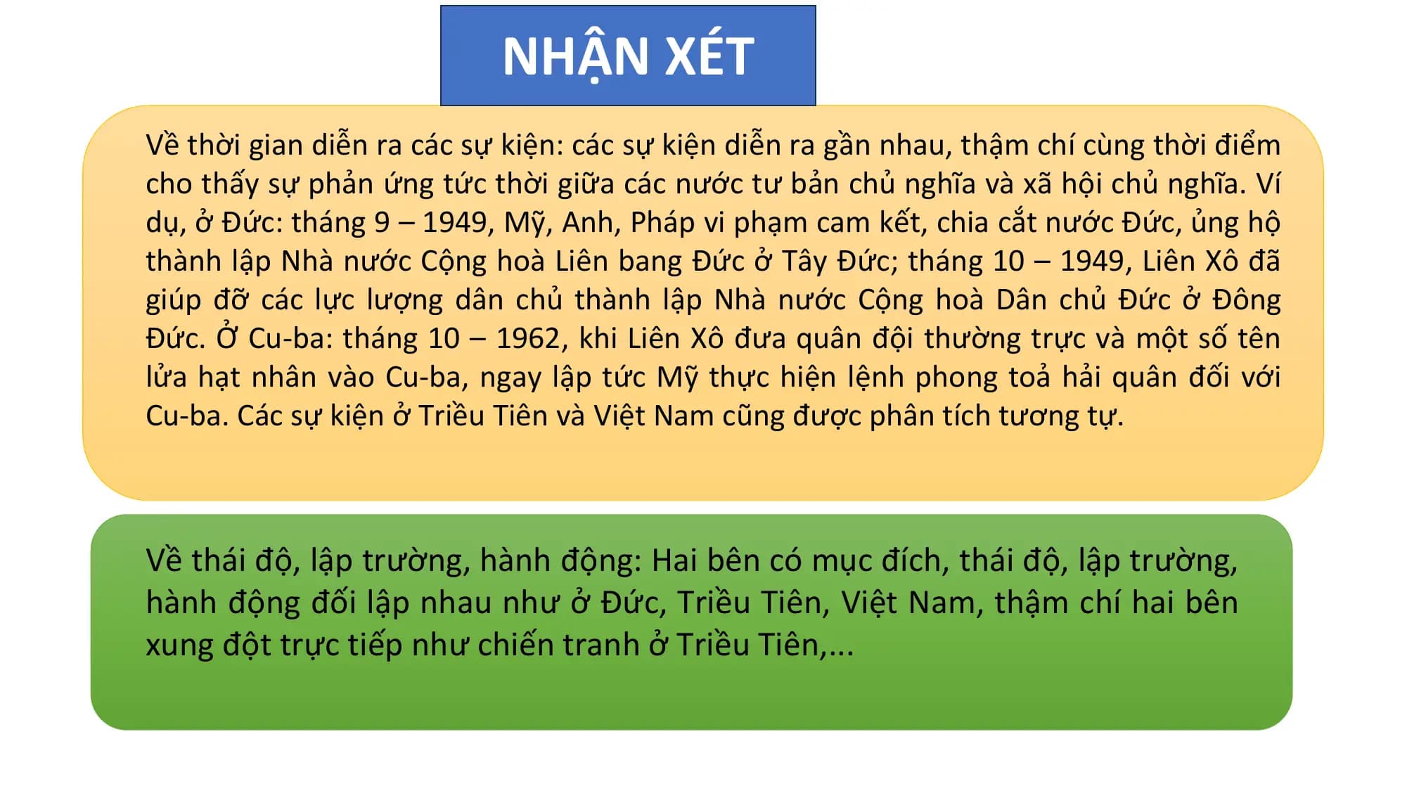 NHẬN XÉT
Về thời gian diễn ra các sự kiện: các sự kiện diễn ra gần nhau, thậm chí cùng thời điểm
cho thấy sự phản ứng tức thời giữa các nước tư bản chủ nghĩa và xã hội chủ nghĩa. Ví
dụ, ở Đức: tháng 9 – 1949, Mỹ, Anh, Pháp vi phạm cam kết, chia cắt nước Đức, ủng hộ
thành lập Nhà nước Cộng hoà Liên bang Đức ở Tây Đức; tháng 10 – 1949, Liên Xô đã
giúp đỡ các lực lượng dân chủ thành lập Nhà nước Cộng hoà Dân chủ Đức ở Đông
Đức. Ở Cu-ba: tháng 10 – 1962, khi Liên Xô đưa quân đội thường trực và một số tên
lửa hạt nhân vào Cu-ba, ngay lập tức Mỹ thực hiện lệnh phong toả hải quân đối với
Cu-ba. Các sự kiện ở Triều Tiên và Việt Nam cũng được phân tích tương tự.
Về thái độ, lập trường, hành động: Hai bên có mục đích, thái độ, lập trường,
hành động đối lập nhau như ở Đức, Triều Tiên, Việt Nam, thậm chí hai bên
xung đột trực tiếp như chiến tranh ở Triều Tiên,...