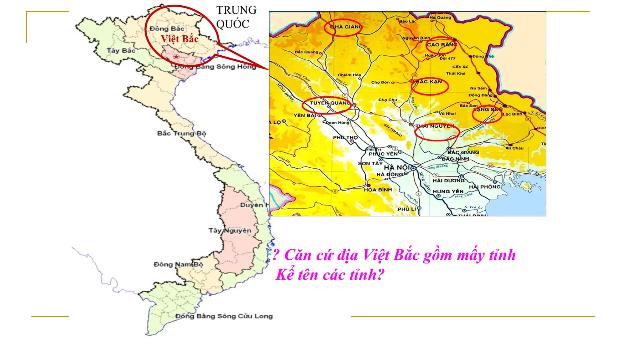 TRUNG
QUỐC
Việt Bắc
? Căn cứ địa Việt Bắc gồm mấy tỉnh
Kể tên các tỉnh?