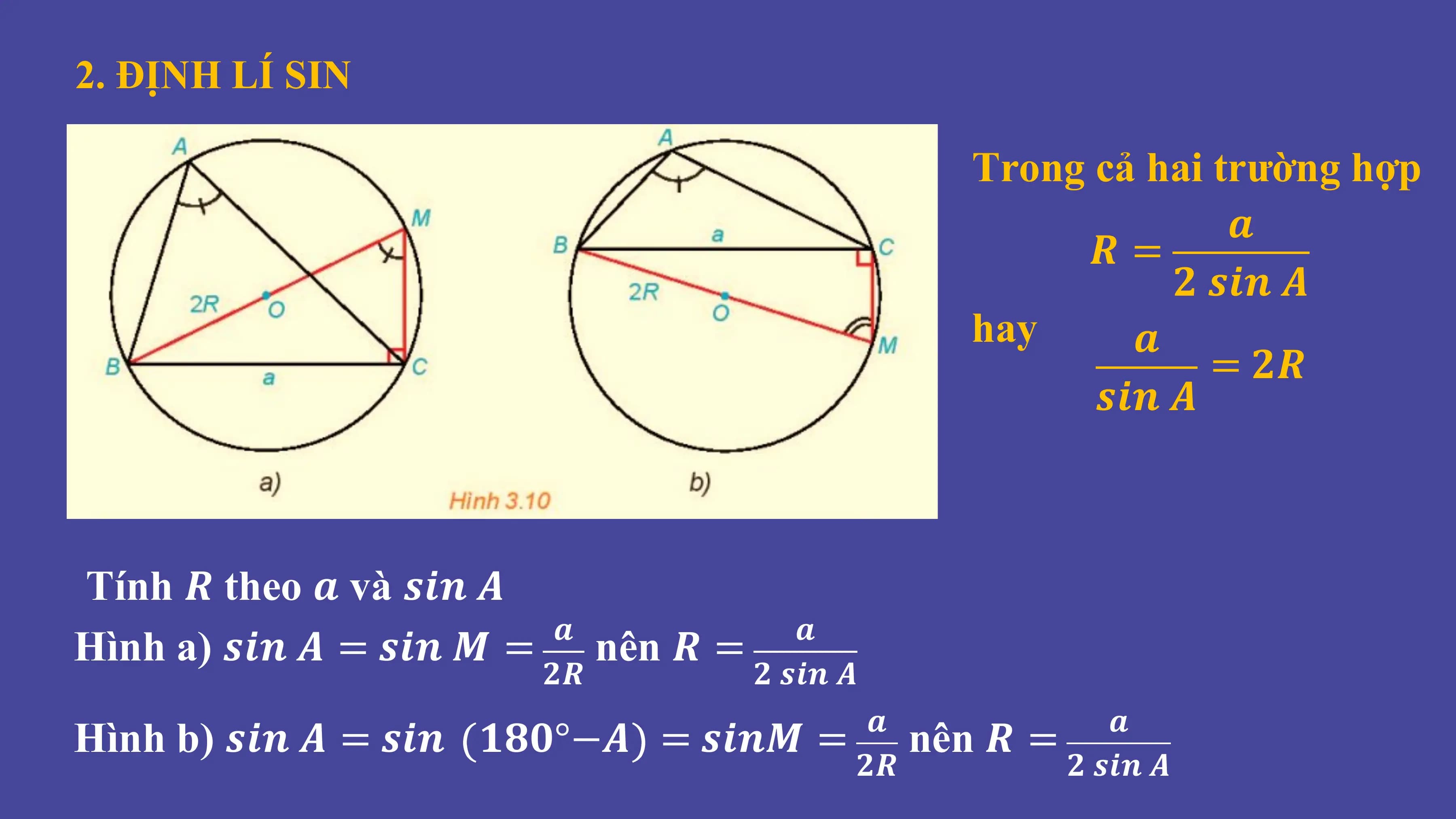 2. ĐỊNH LÍ SIN
Trong cả hai trường hợp
𝒂
𝑹=
𝟐 𝒔𝒊𝒏 𝑨
hay 𝒂
= 𝟐𝑹
𝒔𝒊𝒏 𝑨
Tính 𝑹 theo 𝒂 và 𝒔𝒊𝒏 𝑨
𝒂 𝒂
Hình a) 𝒔𝒊𝒏 𝑨 = 𝒔𝒊𝒏 𝑴 = nên 𝑹 =
𝟐𝑹 𝟐 𝒔𝒊𝒏 𝑨
𝒂 𝒂
Hình b) 𝒔𝒊𝒏 𝑨 = 𝒔𝒊𝒏 𝟏𝟖𝟎°−𝑨 = 𝒔𝒊𝒏𝑴 = nên 𝑹 =
𝟐𝑹 𝟐 𝒔𝒊𝒏 𝑨