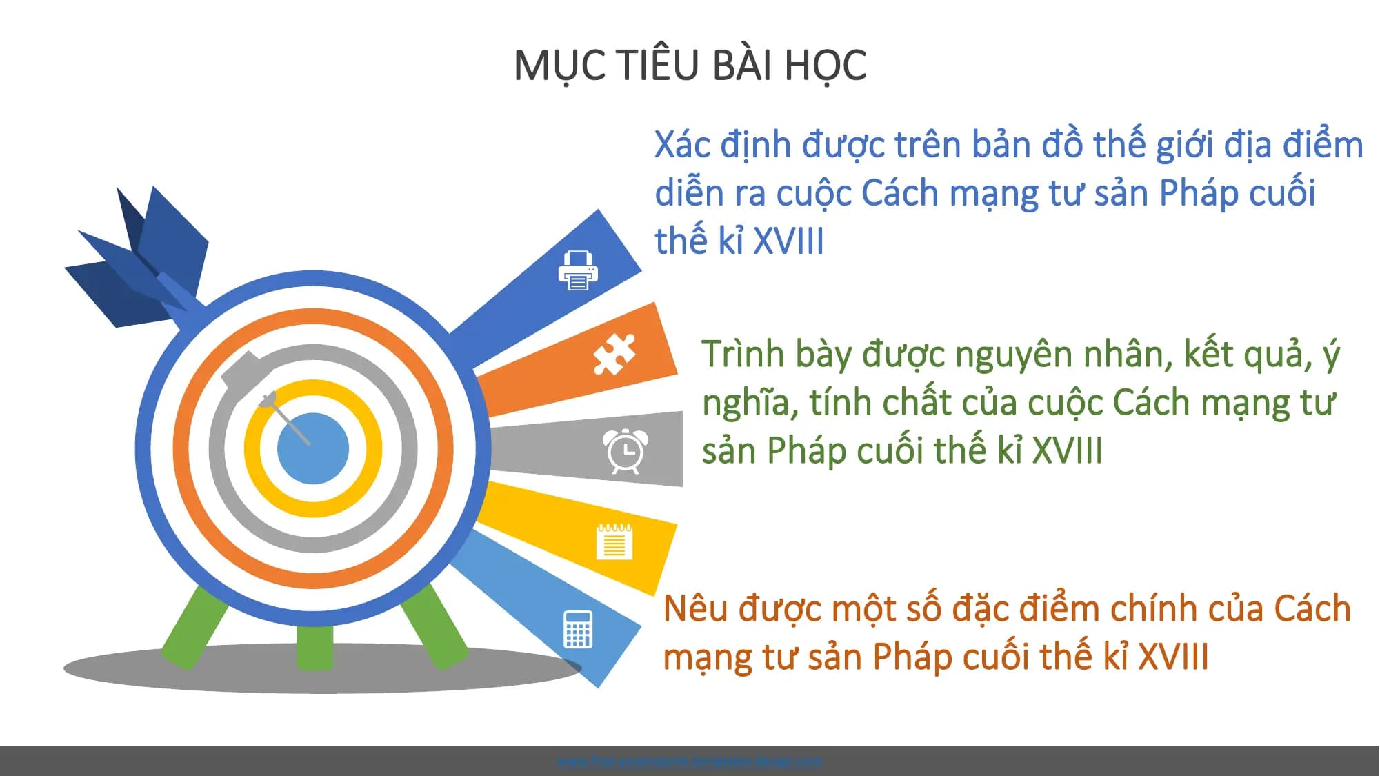 MỤC TIÊU BÀI HỌC
Xác định được trên bản đồ thế giới địa điểm
diễn ra cuộc Cách mạng tư sản Pháp cuối
thế kỉ XVIII
Trình bày được nguyên nhân, kết quả, ý
nghĩa, tính chất của cuộc Cách mạng tư
sản Pháp cuối thế kỉ XVIII
Nêu được một số đặc điểm chính của Cách
mạng tư sản Pháp cuối thế kỉ XVIII
www.free-powerpoint-templates-design.com