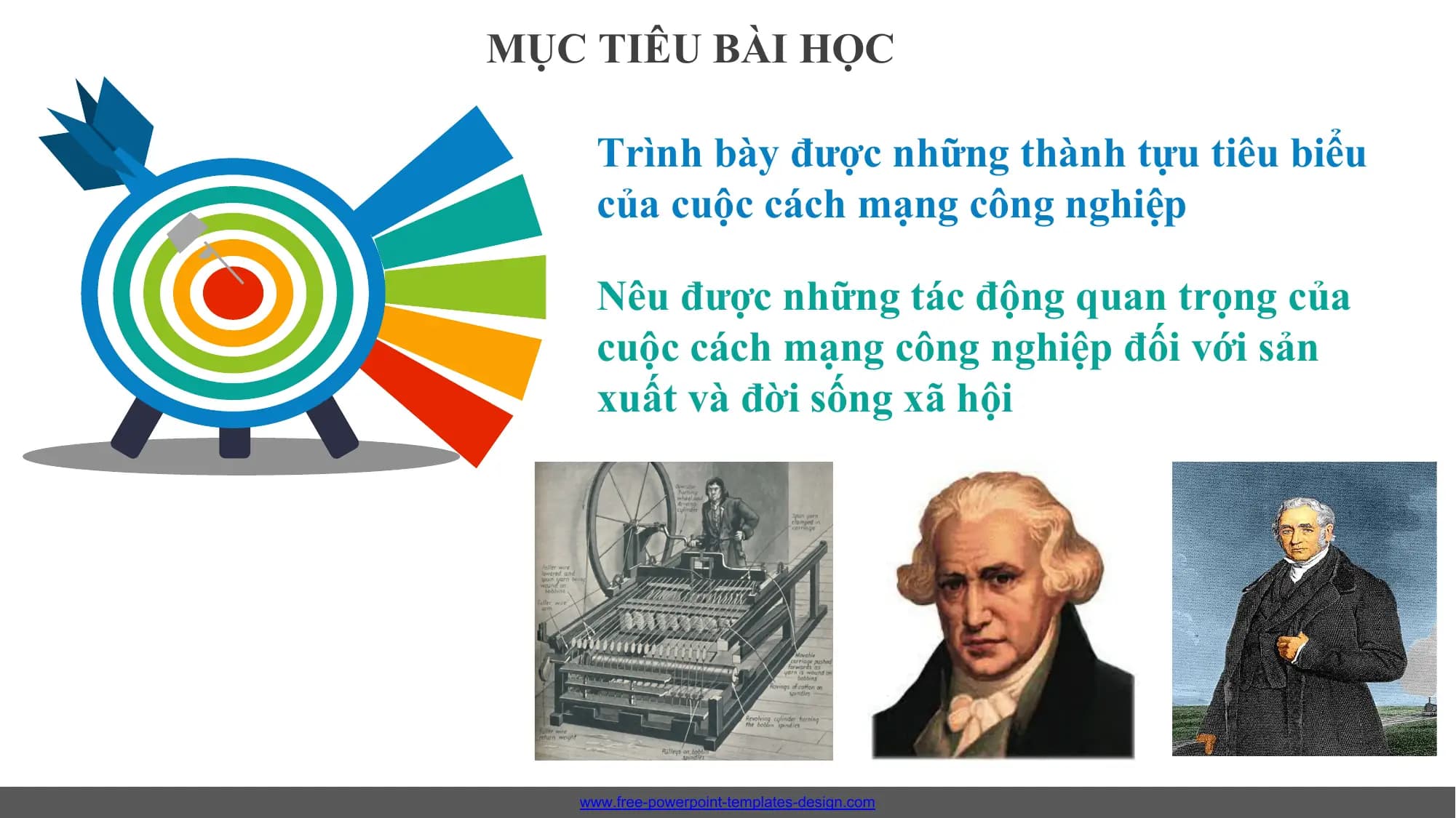 MỤC TIÊU BÀI HỌC
Trình bày được những thành tựu tiêu biểu
của cuộc cách mạng công nghiệp
Nêu được những tác động quan trọng của
cuộc cách mạng công nghiệp đối với sản
xuất và đời sống xã hội
www.free-powerpoint-templates-design.com