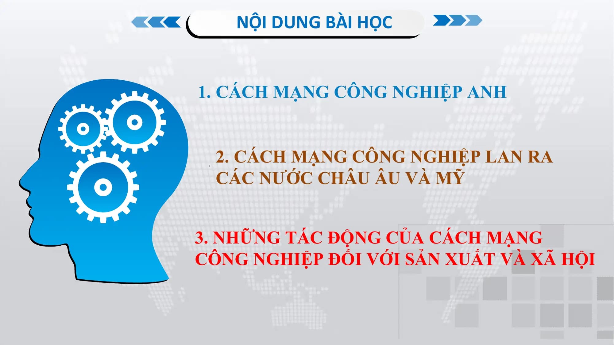 NỘI DUNG BÀI HỌC
1. CÁCH MẠNG CÔNG NGHIỆP ANH
2. CÁCH MẠNG CÔNG NGHIỆP LAN RA
CÁC NƯỚC CHÂU ÂU VÀ MỸ
3. NHỮNG TÁC ĐỘNG CỦA CÁCH MẠNG
CÔNG NGHIỆP ĐỐI VỚI SẢN XUẤT VÀ XÃ HỘI