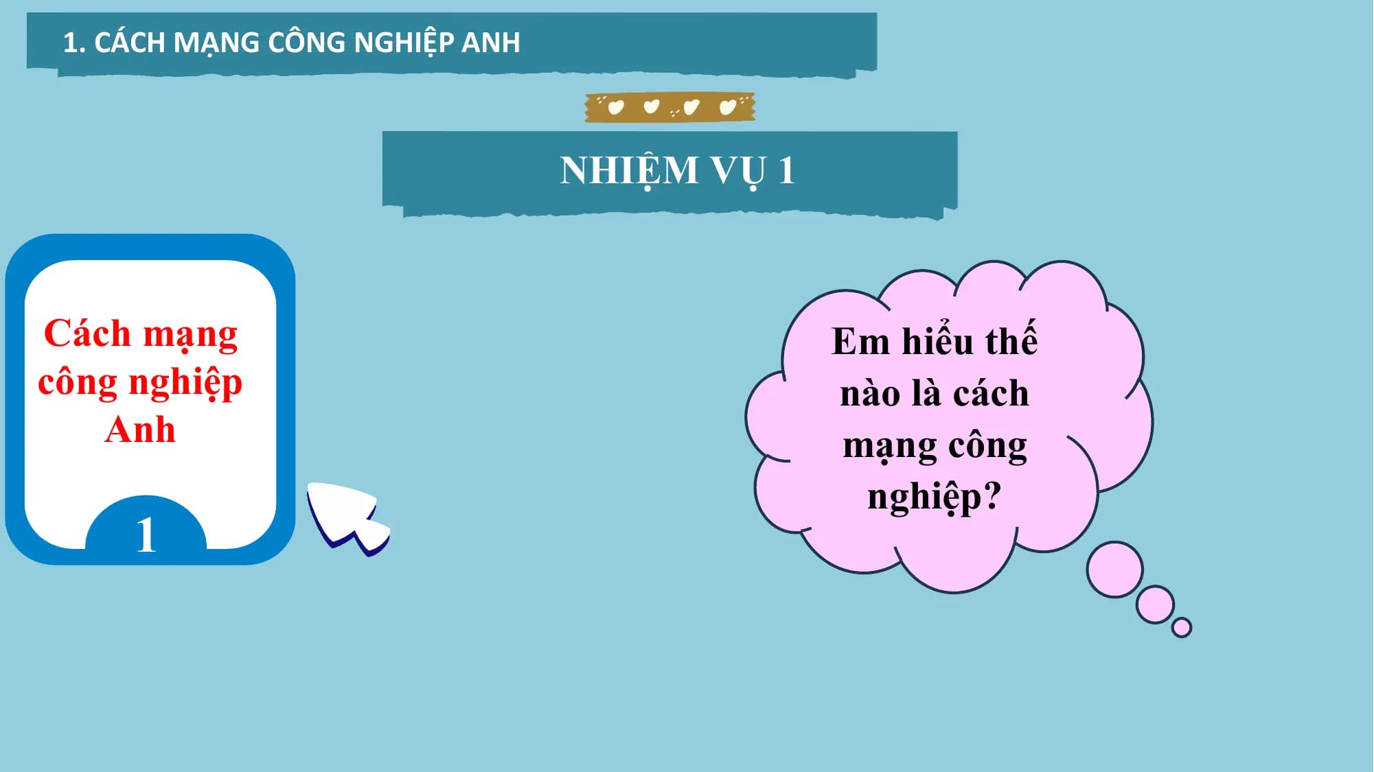 1. CÁCH MẠNG CÔNG NGHIỆP ANH
NHIỆM VỤ 1
Cách mạng Em hiểu thế
công nghiệp nào là cách
Anh mạng công
nghiệp?
1
