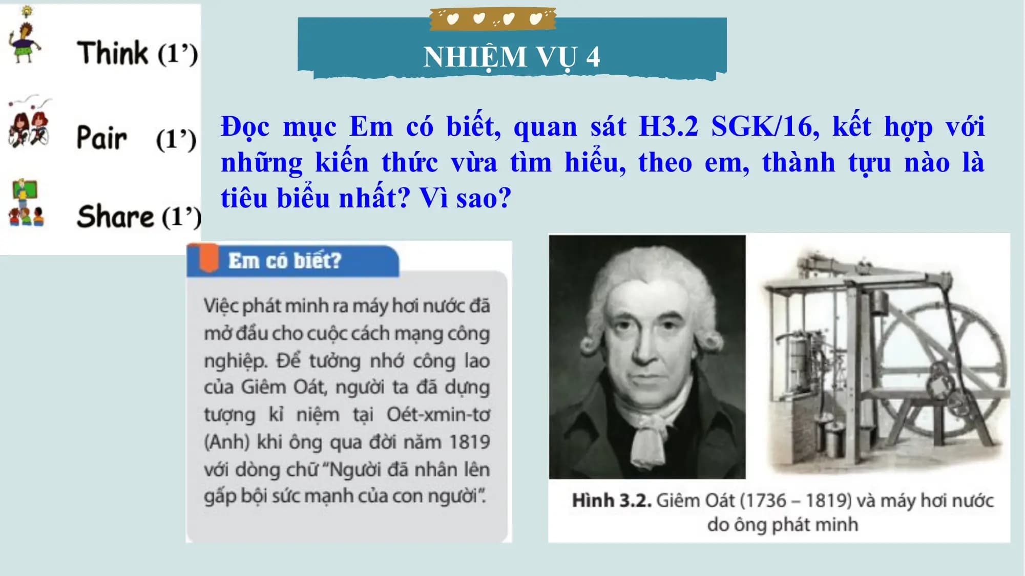 NHIỆM VỤ 4
Đọc mục Em có biết, quan sát H3.2 SGK/16, kết hợp với
những kiến thức vừa tìm hiểu, theo em, thành tựu nào là
tiêu biểu nhất? Vì sao?
