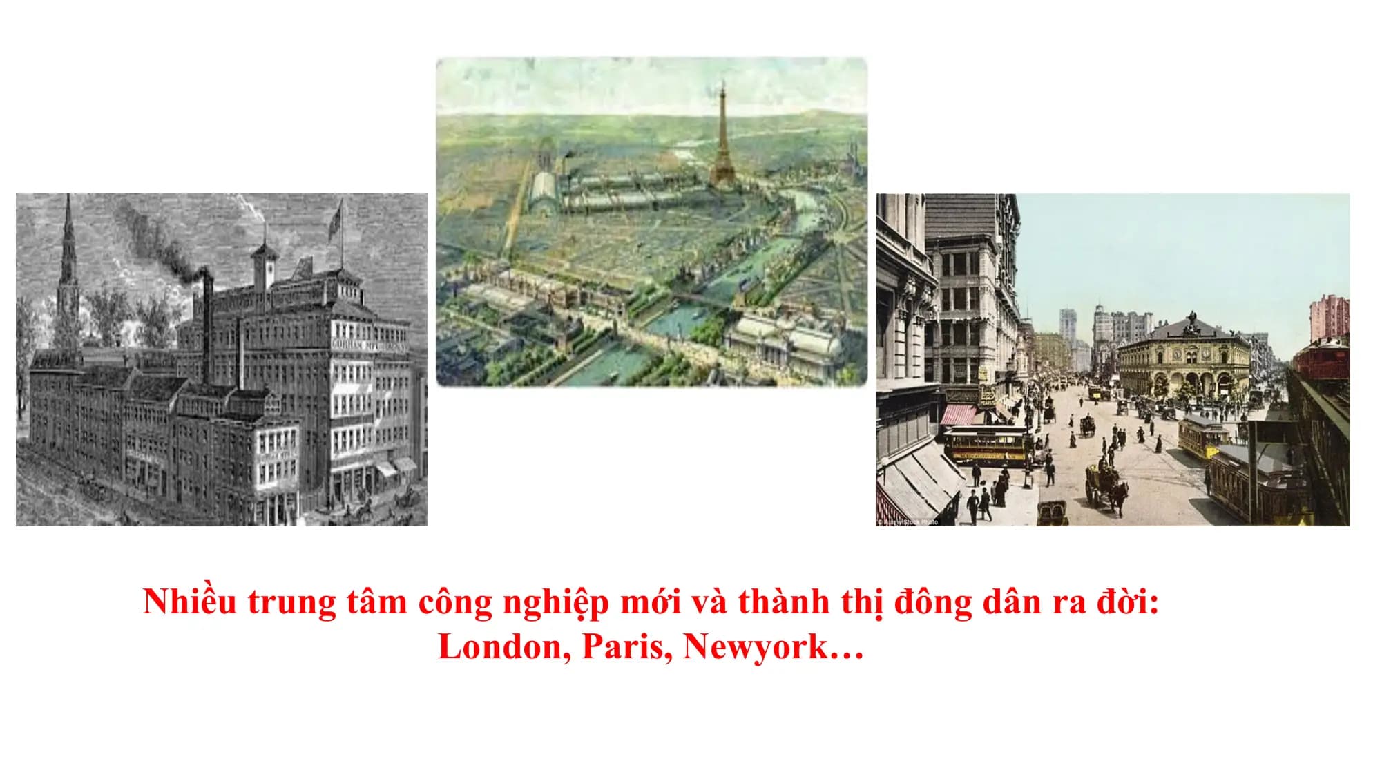 Nhiều trung tâm công nghiệp mới và thành thị đông dân ra đời:
London, Paris, Newyork…