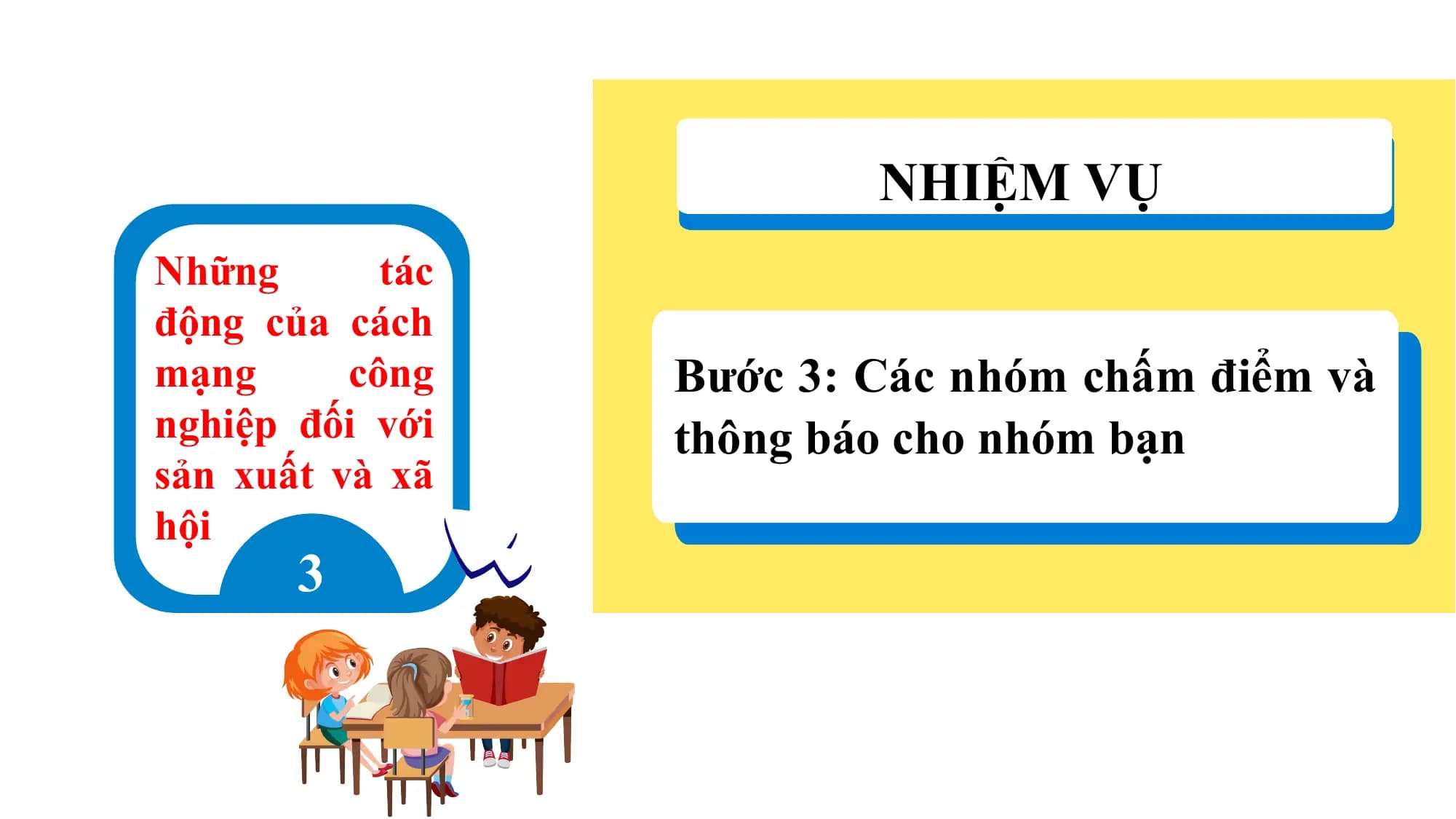 NHIỆM VỤ
Những tác
động của cách
mạng công Bước 3: Các nhóm chấm điểm và
nghiệp đối với thông báo cho nhóm bạn
sản xuất và xã
hội
3