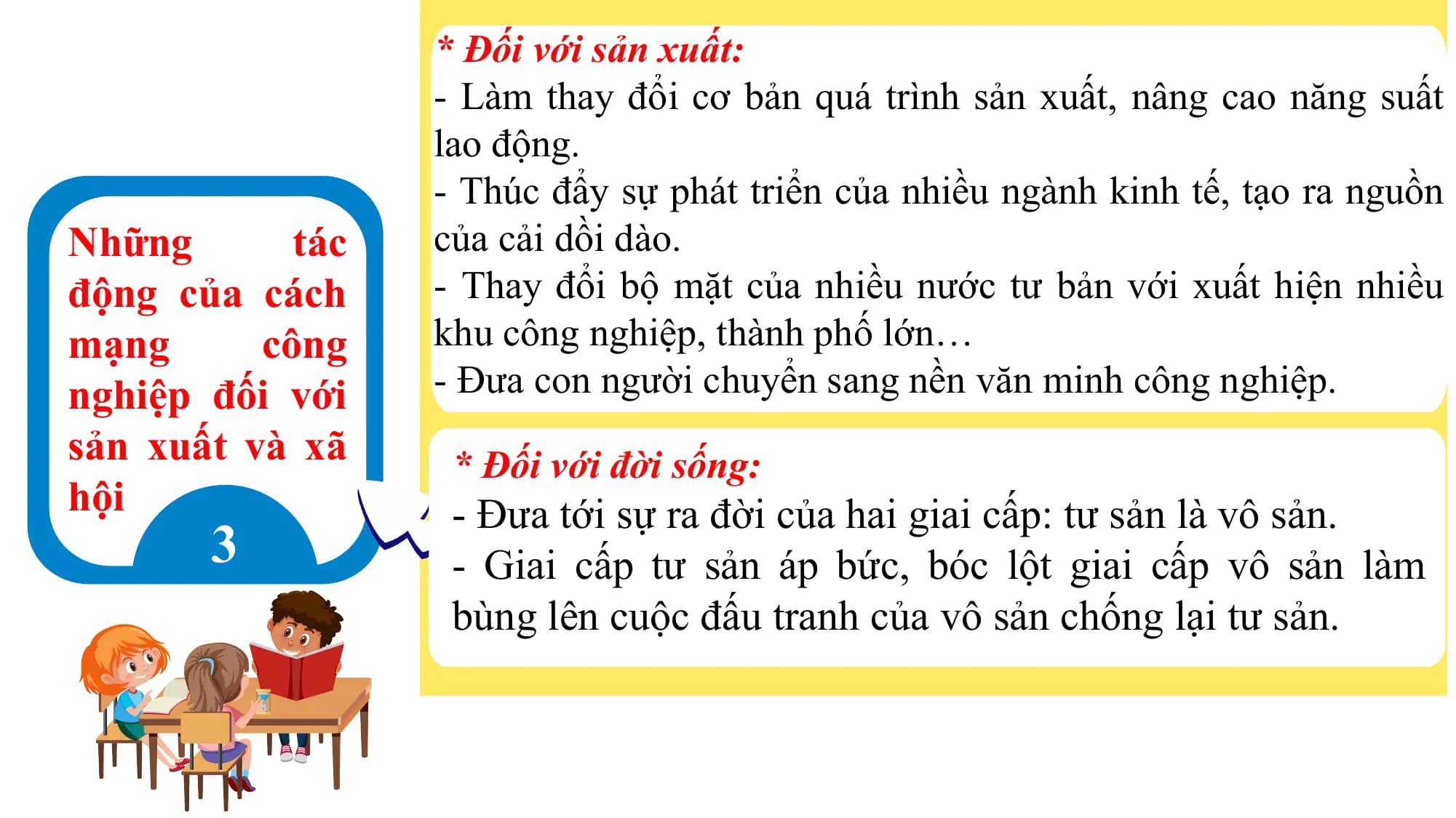 * Đối với sản xuất:
- Làm thay đổi cơ bản quá trình sản xuất, nâng cao năng suất
lao động.
- Thúc đẩy sự phát triển của nhiều ngành kinh tế, tạo ra nguồn
Những tác của cải dồi dào.
động của cách - Thay đổi bộ mặt của nhiều nước tư bản với xuất hiện nhiều
mạng công khu công nghiệp, thành phố lớn…
nghiệp đối với - Đưa con người chuyển sang nền văn minh công nghiệp.
sản xuất và xã * Đối với đời sống:
hội - Đưa tới sự ra đời của hai giai cấp: tư sản là vô sản.
3 - Giai cấp tư sản áp bức, bóc lột giai cấp vô sản làm
bùng lên cuộc đấu tranh của vô sản chống lại tư sản.