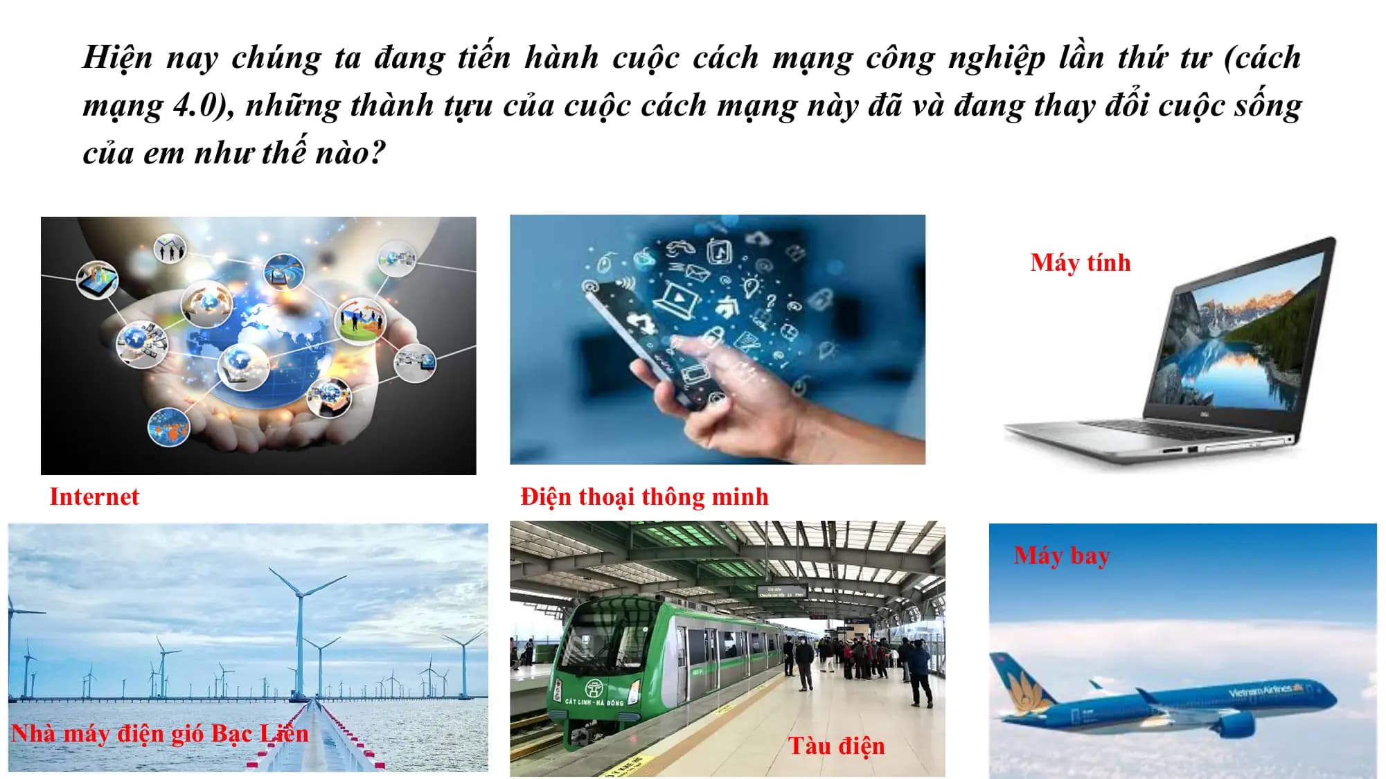 Hiện nay chúng ta đang tiến hành cuộc cách mạng công nghiệp lần thứ tư (cách
mạng 4.0), những thành tựu của cuộc cách mạng này đã và đang thay đổi cuộc sống
của em như thế nào?
Máy tính
Internet Điện thoại thông minh
Máy bay
Nhà máy điện gió Bạc Liên Tàu điện