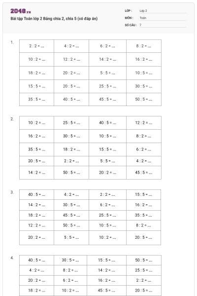 Bài tập Toán lớp 2 Bảng chia 2, chia 5 (có đáp án)