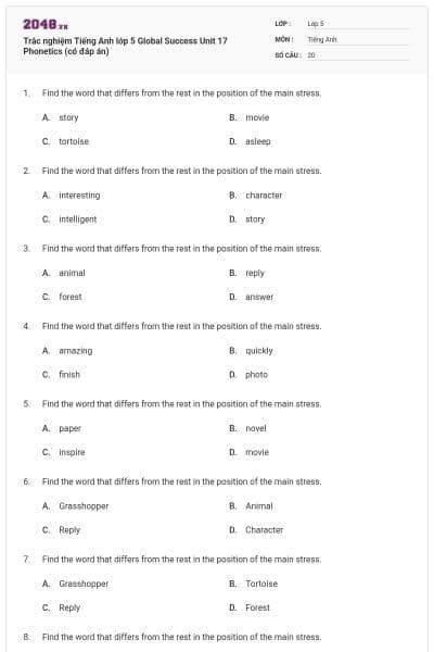 Trắc nghiệm Tiếng Anh lớp 5 Global Success Unit 17 Phonetics (có đáp án)