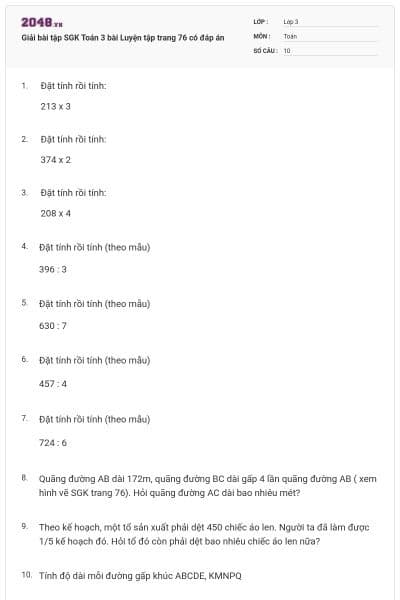 Giải bài tập SGK Toán 3 bài Luyện tập trang 76 có đáp án