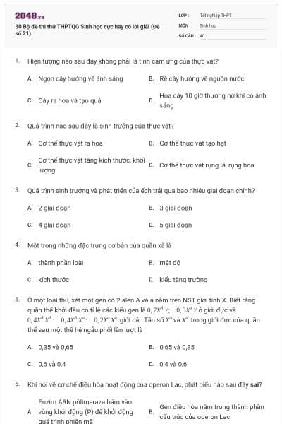 30 Bộ đề thi thử THPTQG Sinh học cực hay có lời giải (Đề số 21)