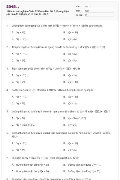 178 câu trắc nghiệm Toán 12 Canh diều Bài 3: Đường tiệm cận của đồ thị hàm số có đáp án - Đề 3
