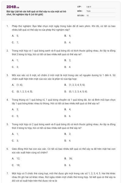 Bài tập Liệt kê các kết quả có thể xảy ra của một số trò chơi, thí nghiệm lớp 6 (có lời giải)