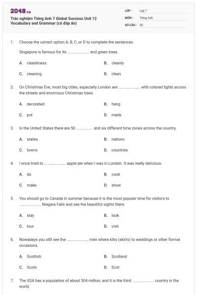 Trắc nghiệm Tiếng Anh 7 Global Success Unit 12 Vocabulary and Grammar (có đáp án)