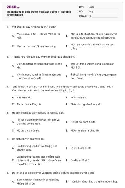 Trắc nghiệm Độ dịch chuyển và quãng đường đi được lớp 10 (có đáp án)