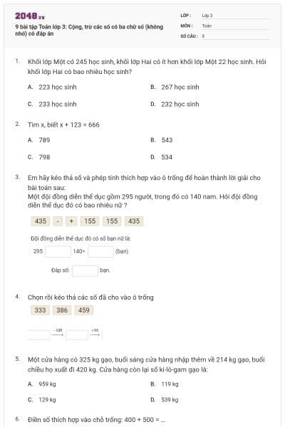 9 bài tập Toán lớp 3: Cộng, trừ các số có ba chữ số (không nhớ) có đáp án